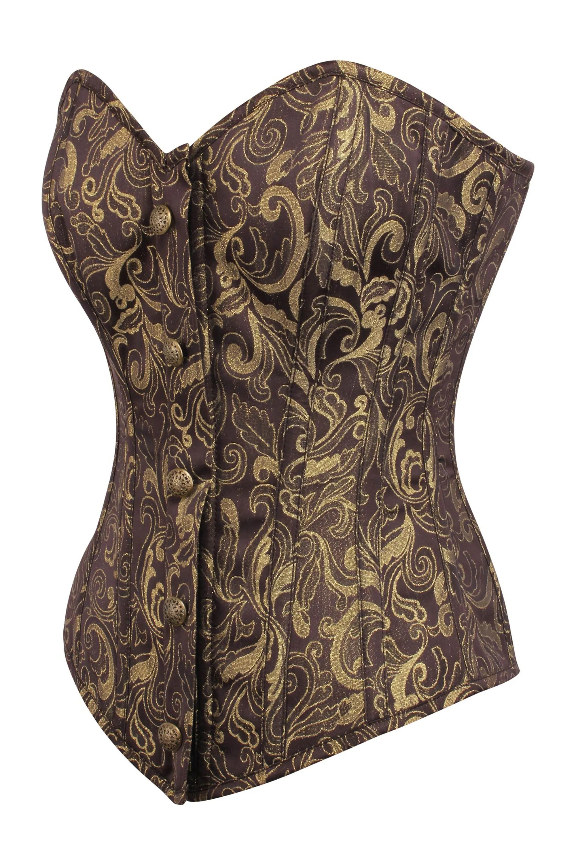 Brown and Gold Brocade Overbust Corset with Front Zip