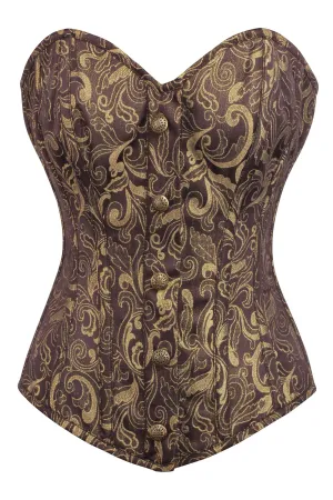Brown and Gold Brocade Overbust Corset with Front Zip