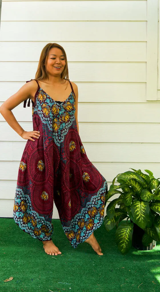 Burgundy Elephant Mandala Boho Jumpsuit