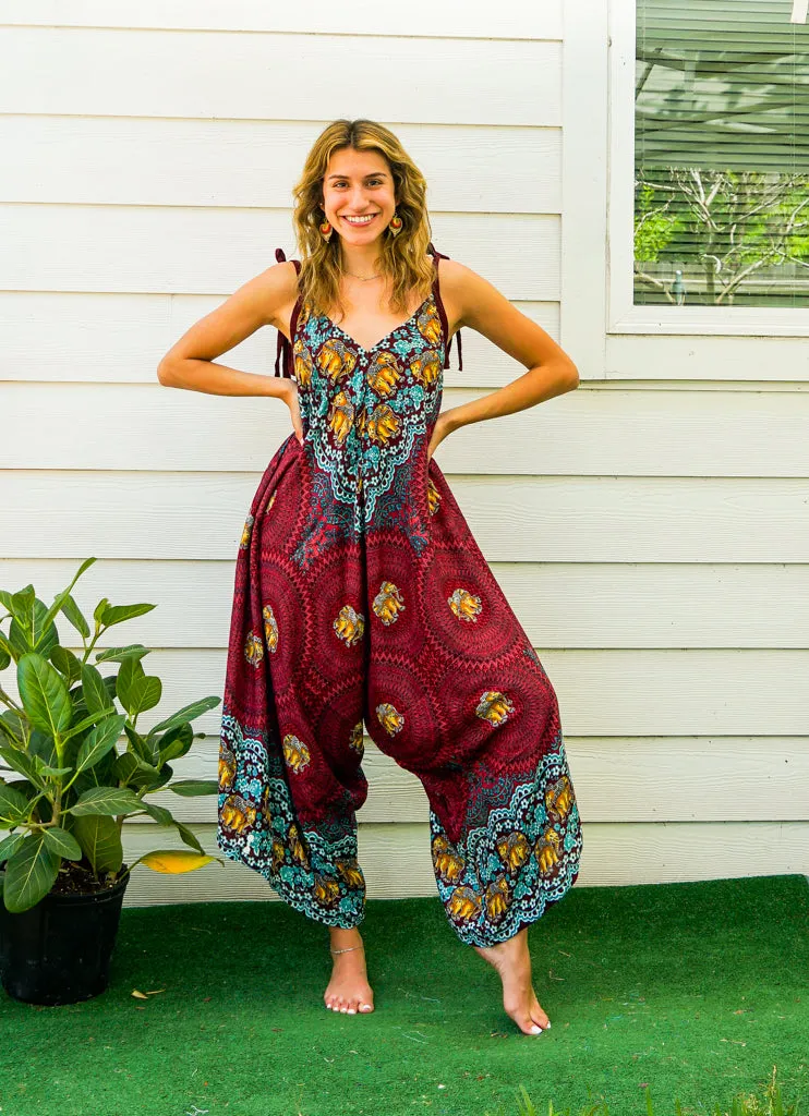 Burgundy Elephant Mandala Boho Jumpsuit