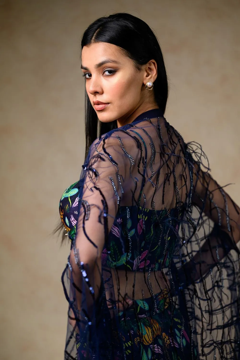Bustier With Sharara And Feather Cape