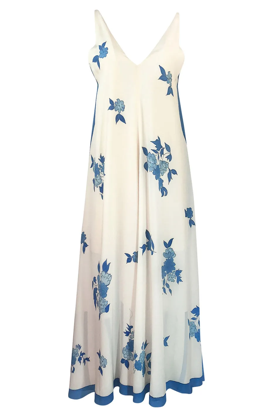 c.1974 Karl Lagerfeld for Chloe Blue Floral Print Silk Print Dress & Capelet