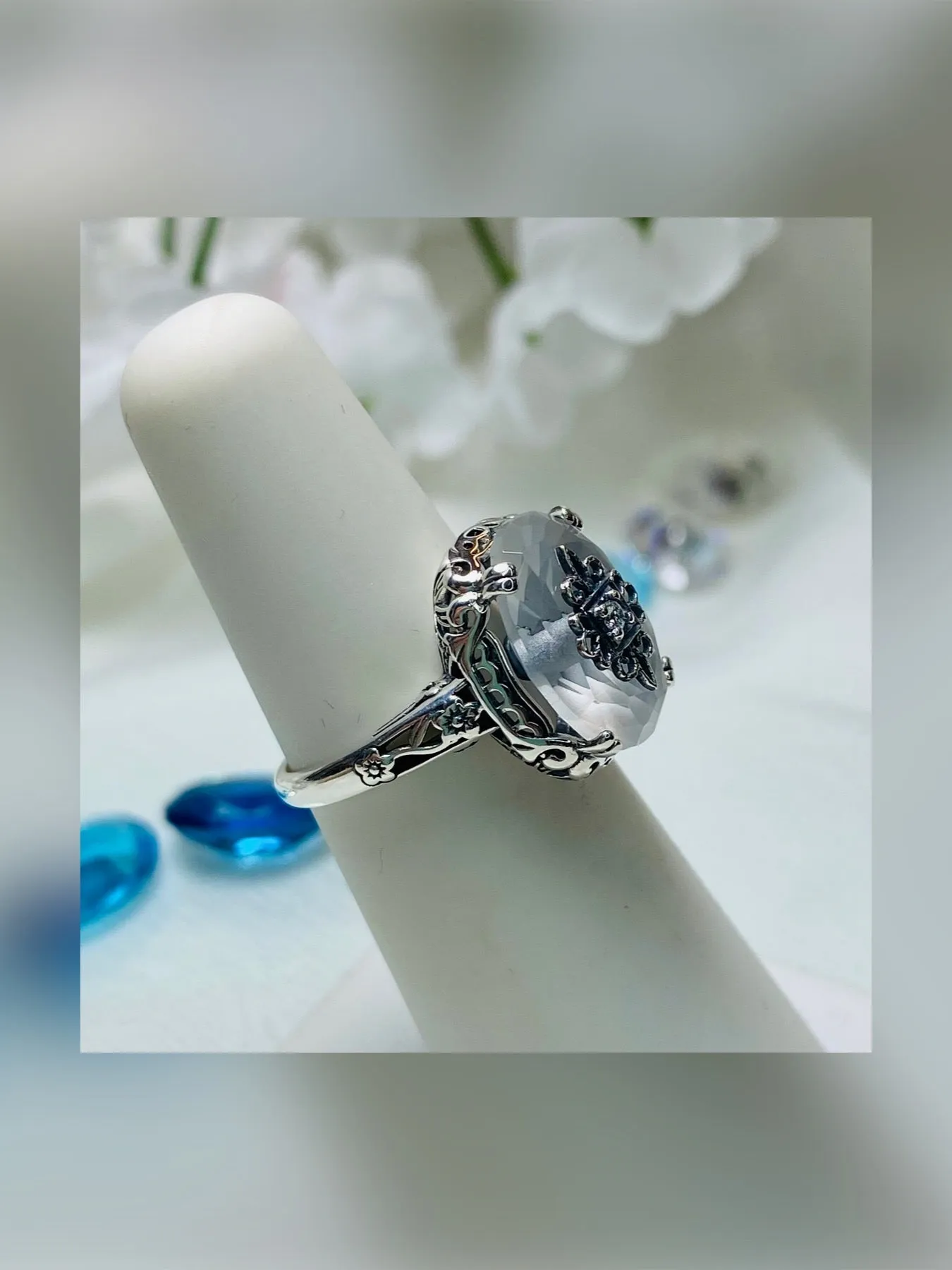 Camphor Glass Ring or Save 15% on Jewelry Set, Sterling Silver Embellishment, Edwardian Jewelry #D70e