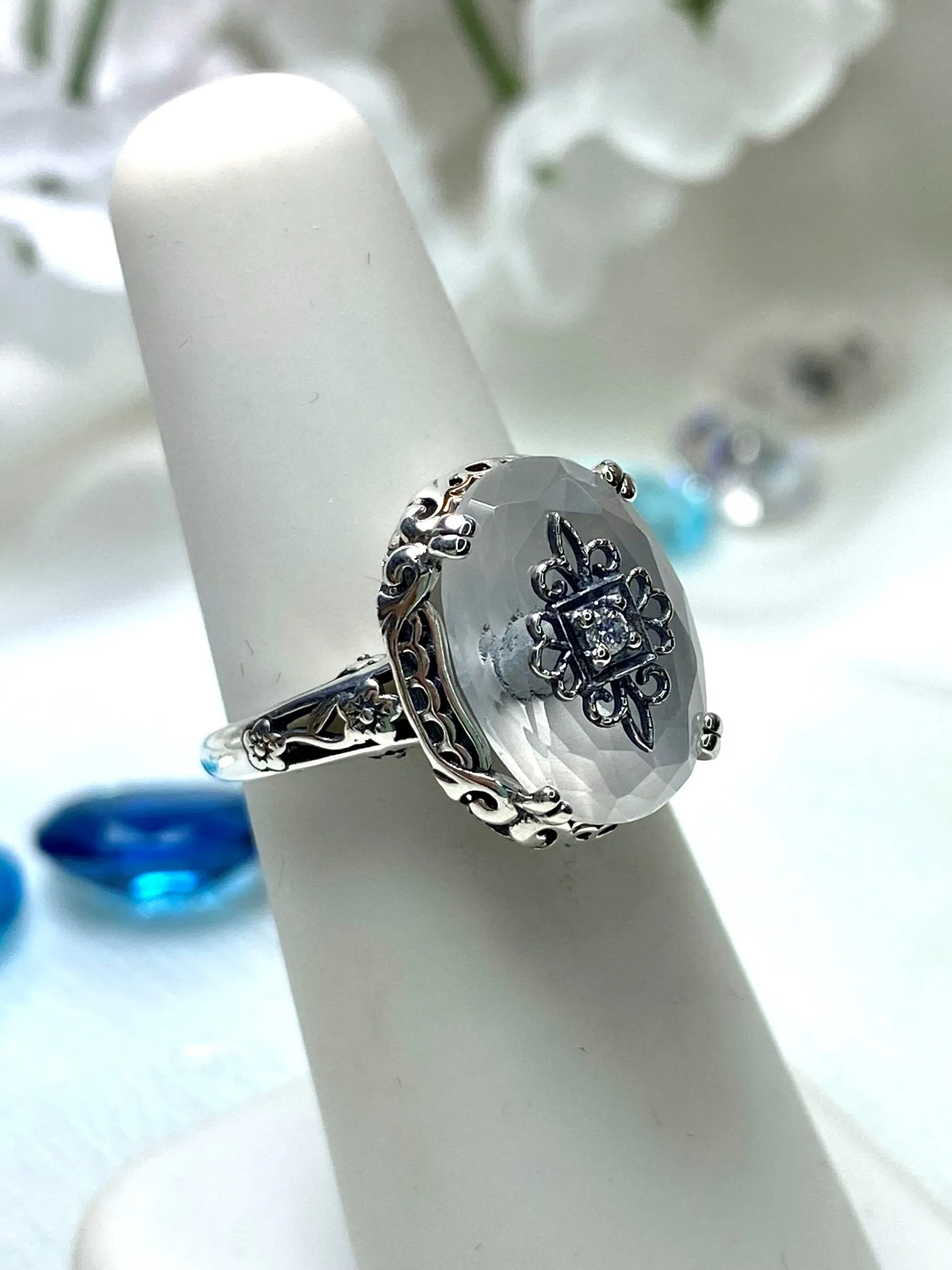 Camphor Glass Ring or Save 15% on Jewelry Set, Sterling Silver Embellishment, Edwardian Jewelry #D70e