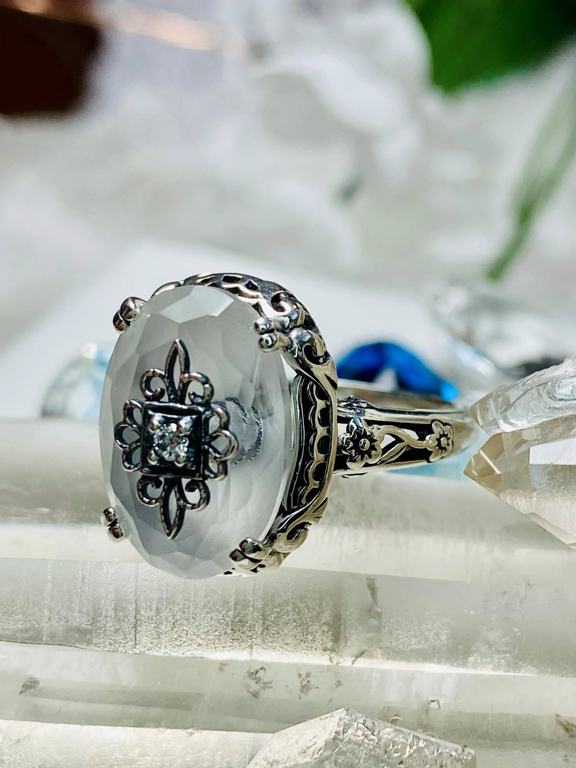Camphor Glass Ring or Save 15% on Jewelry Set, Sterling Silver Embellishment, Edwardian Jewelry #D70e