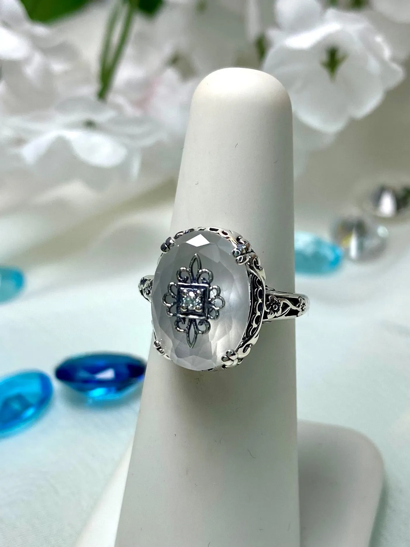 Camphor Glass Ring or Save 15% on Jewelry Set, Sterling Silver Embellishment, Edwardian Jewelry #D70e