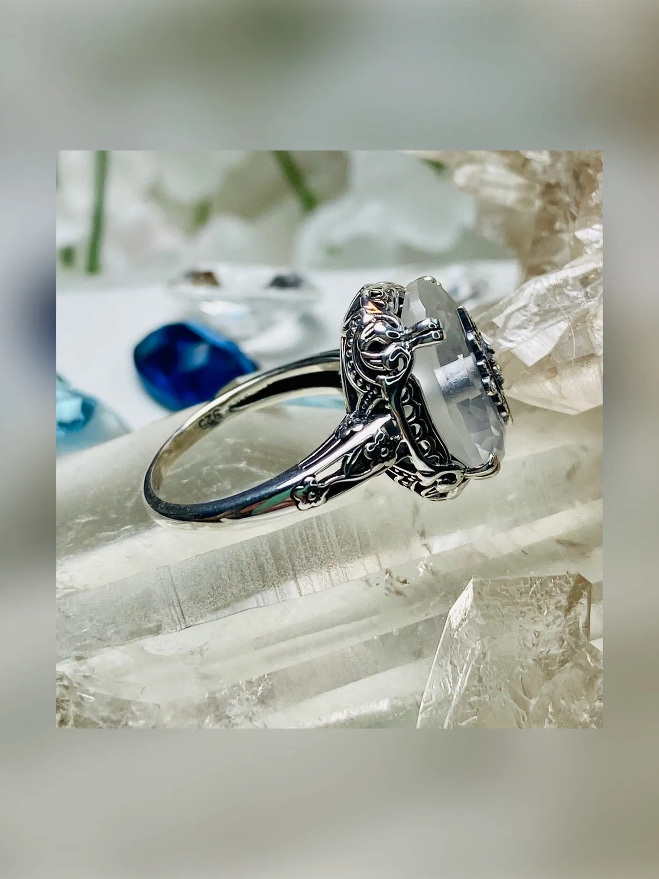 Camphor Glass Ring or Save 15% on Jewelry Set, Sterling Silver Embellishment, Edwardian Jewelry #D70e