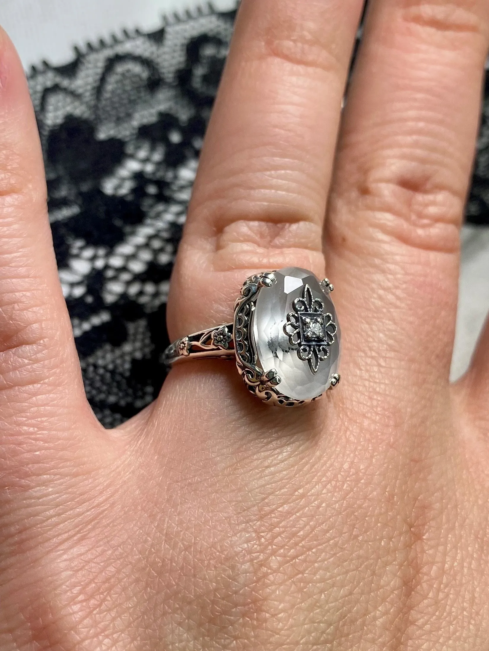 Camphor Glass Ring or Save 15% on Jewelry Set, Sterling Silver Embellishment, Edwardian Jewelry #D70e