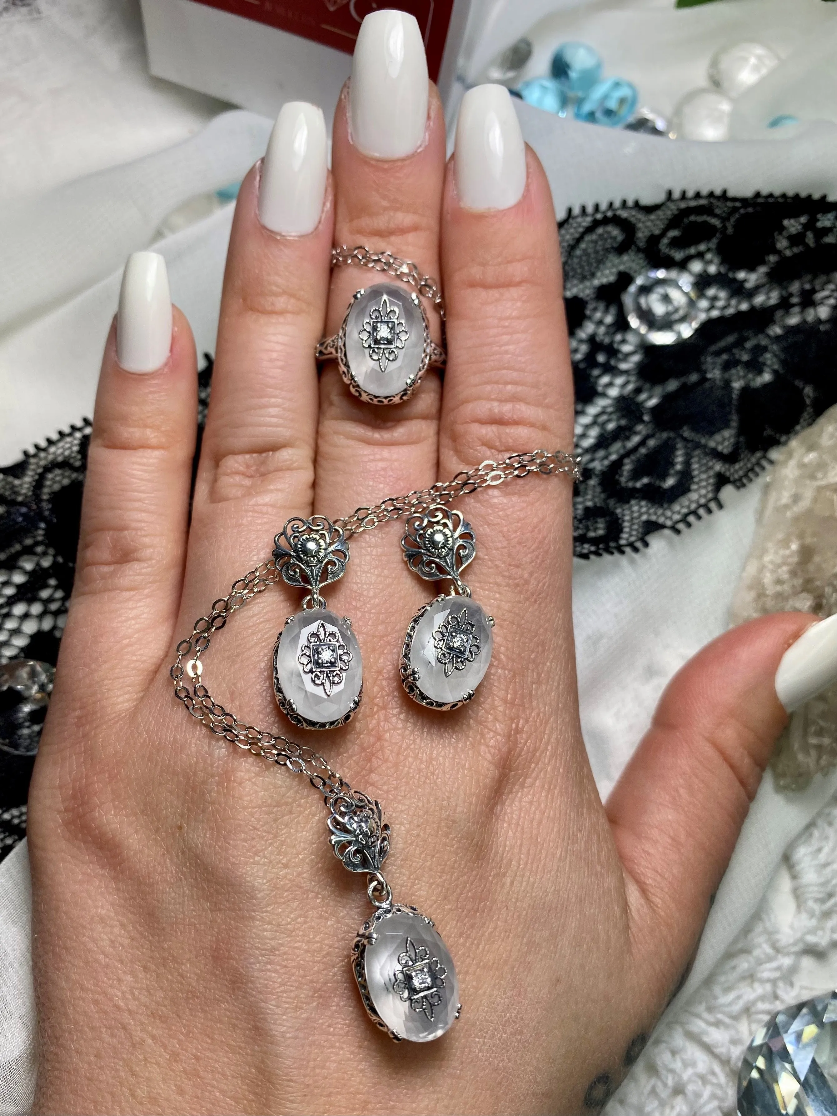 Camphor Glass Ring or Save 15% on Jewelry Set, Sterling Silver Embellishment, Edwardian Jewelry #D70e