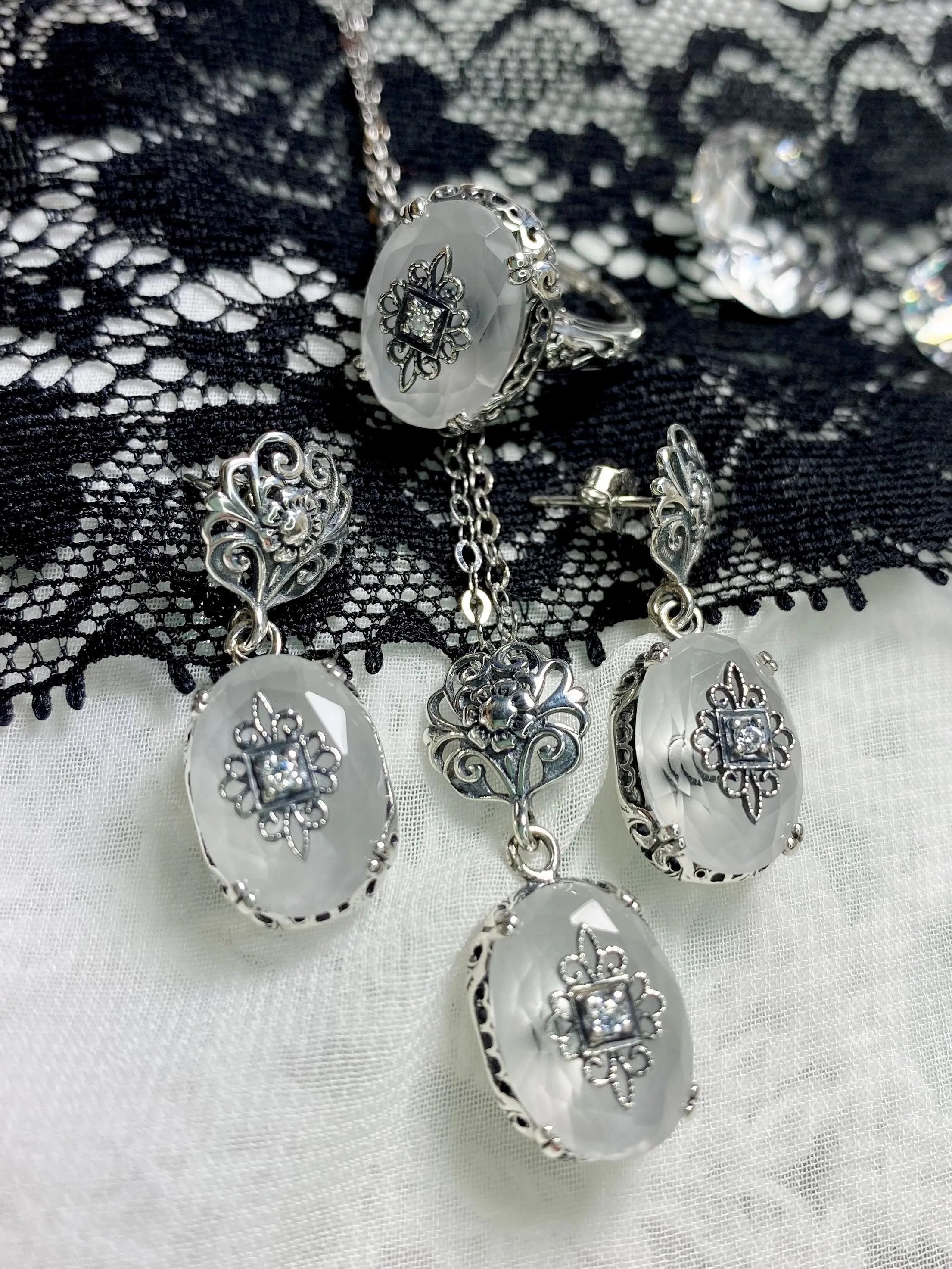 Camphor Glass Ring or Save 15% on Jewelry Set, Sterling Silver Embellishment, Edwardian Jewelry #D70e