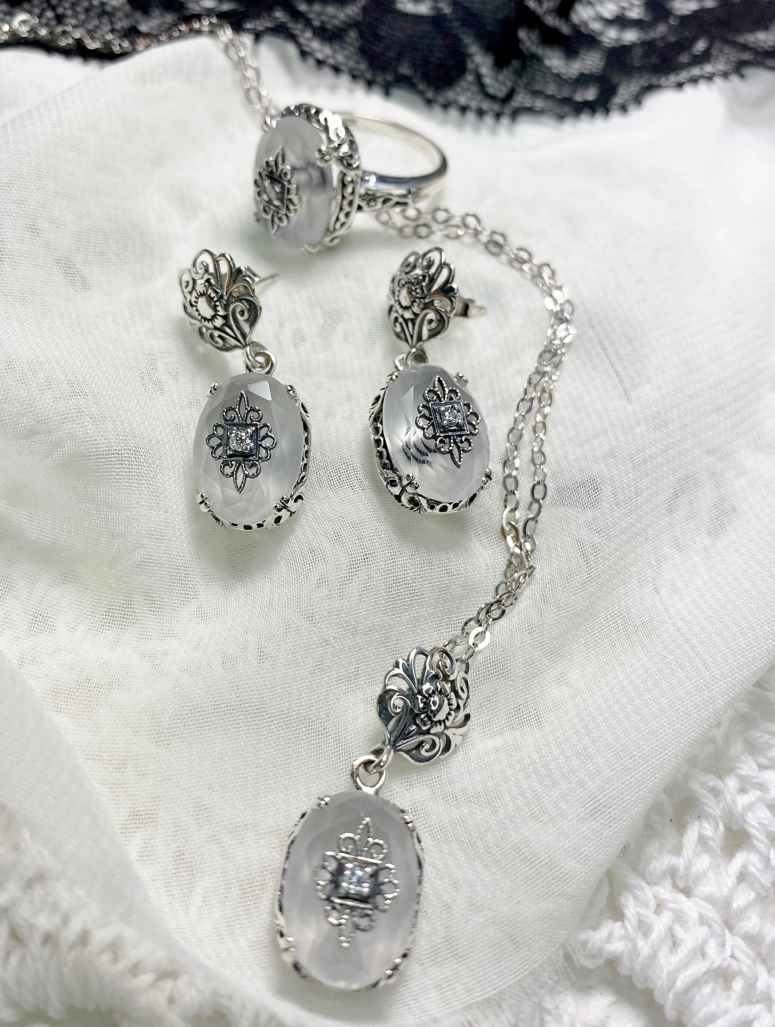 Camphor Glass Ring or Save 15% on Jewelry Set, Sterling Silver Embellishment, Edwardian Jewelry #D70e