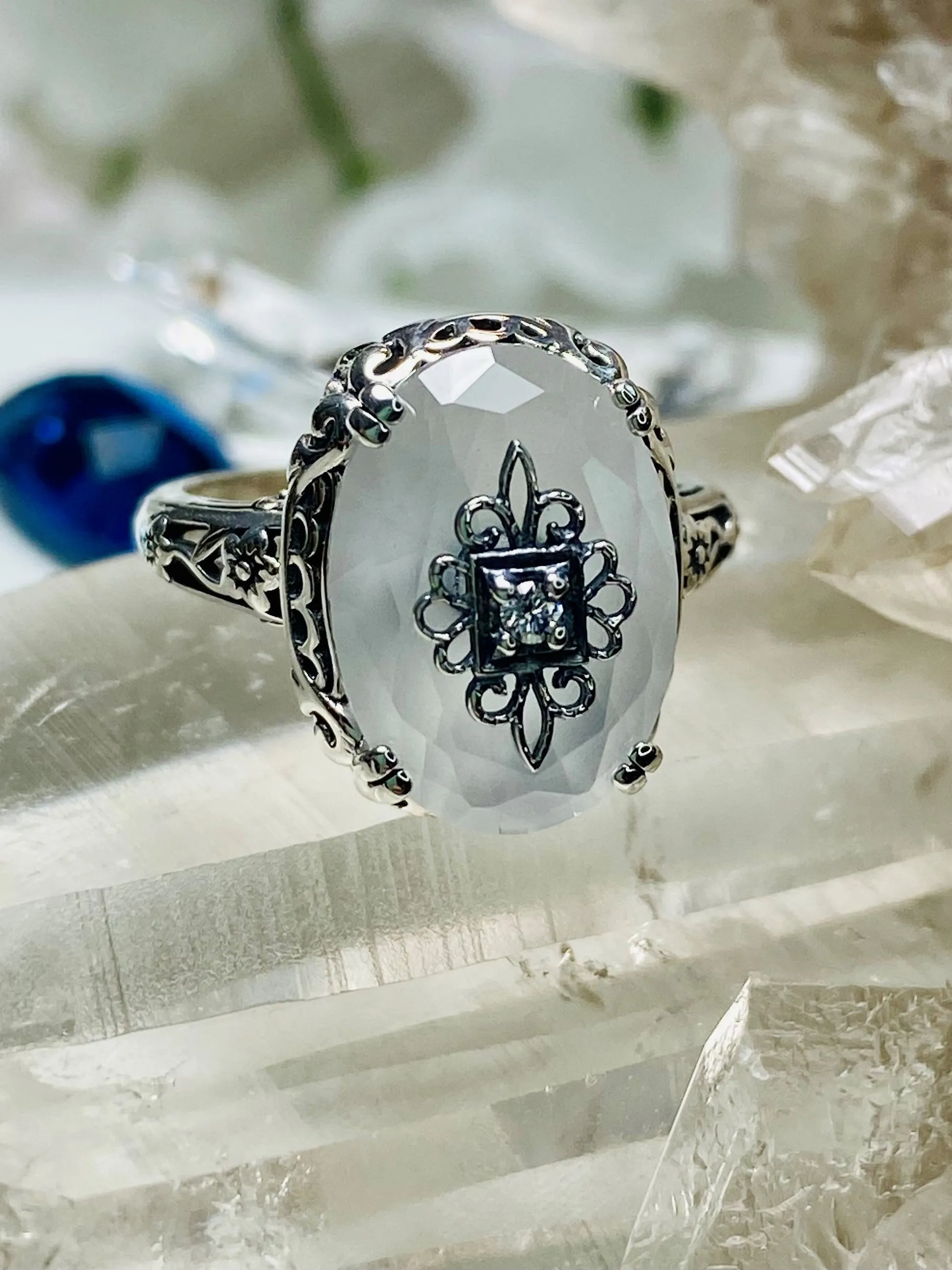 Camphor Glass Ring or Save 15% on Jewelry Set, Sterling Silver Embellishment, Edwardian Jewelry #D70e