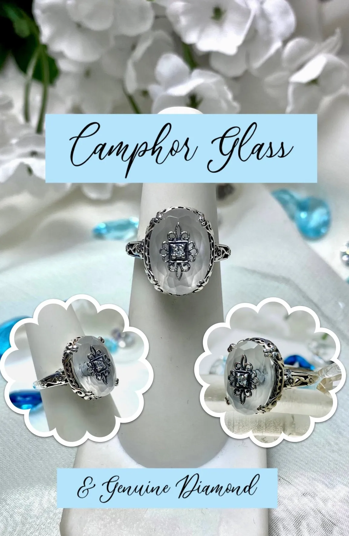 Camphor Glass Ring or Save 15% on Jewelry Set, Sterling Silver Embellishment, Edwardian Jewelry #D70e