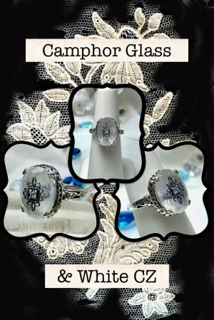 Camphor Glass Ring or Save 15% on Jewelry Set, Sterling Silver Embellishment, Edwardian Jewelry #D70e