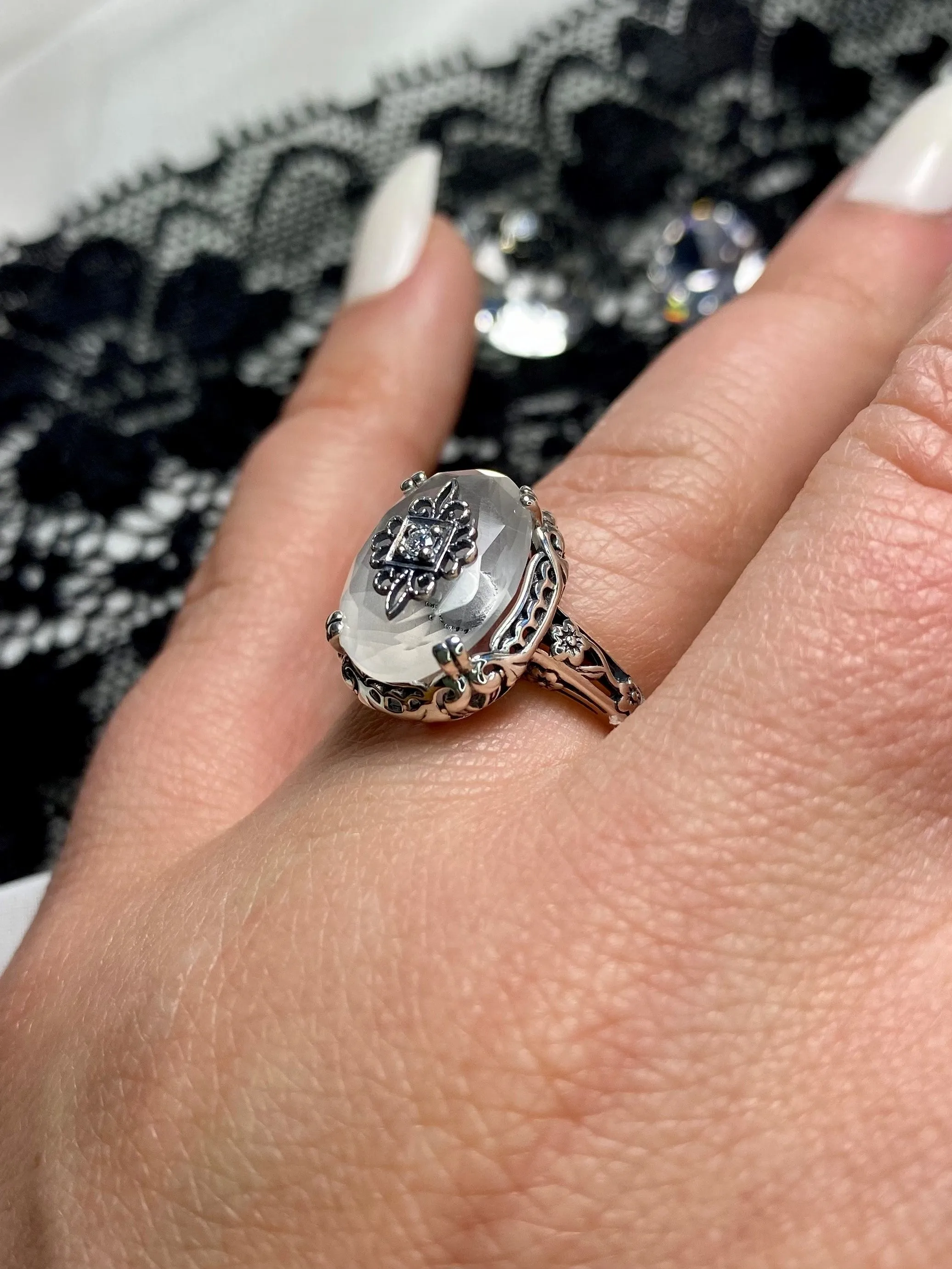Camphor Glass Ring or Save 15% on Jewelry Set, Sterling Silver Embellishment, Edwardian Jewelry #D70e