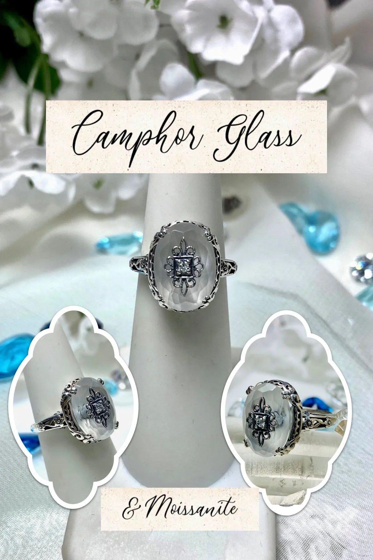 Camphor Glass Ring or Save 15% on Jewelry Set, Sterling Silver Embellishment, Edwardian Jewelry #D70e