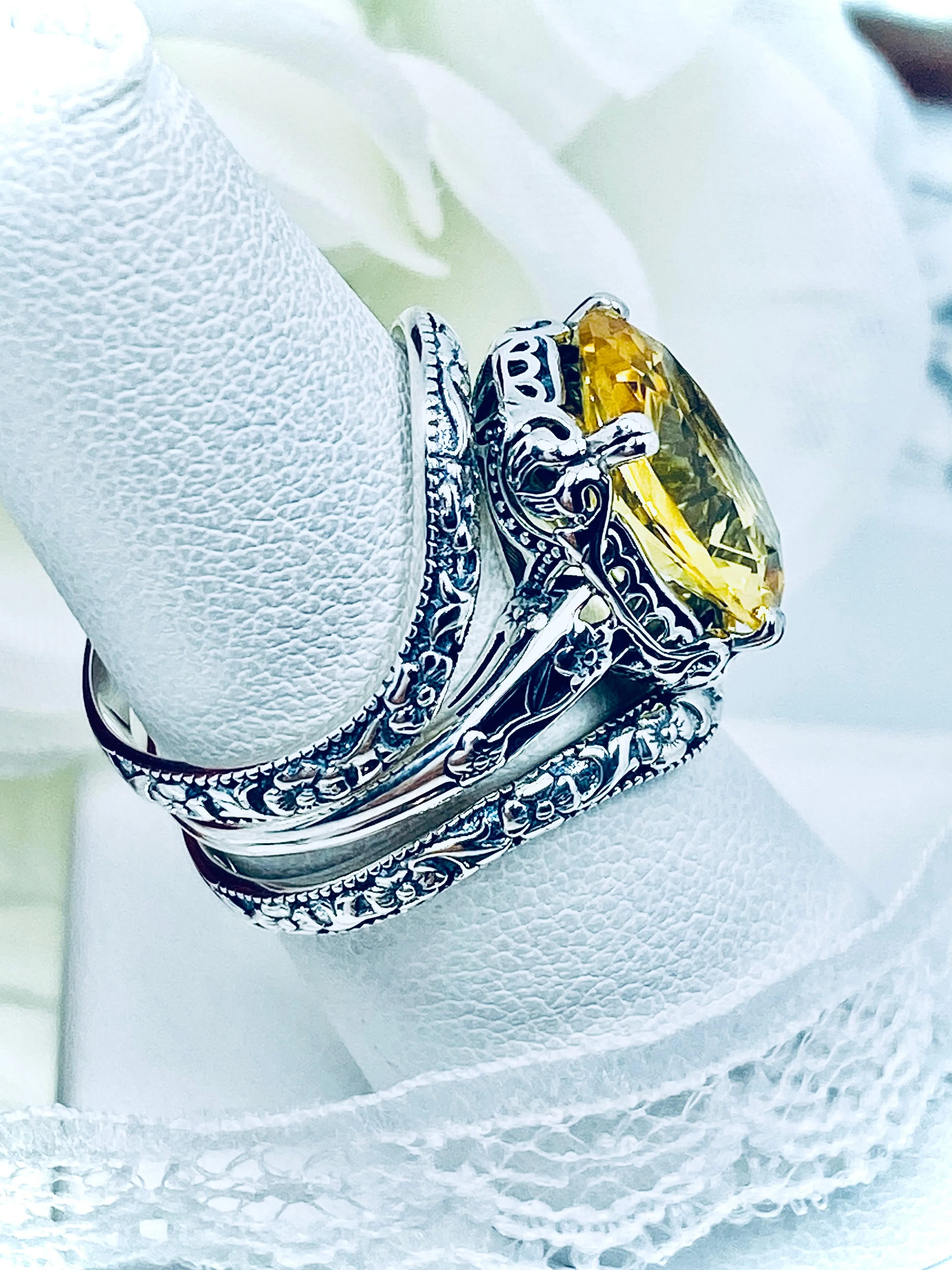Citrine Ring & Band Set, Yellow Gemstone, Edwardian Jewelry #D70
