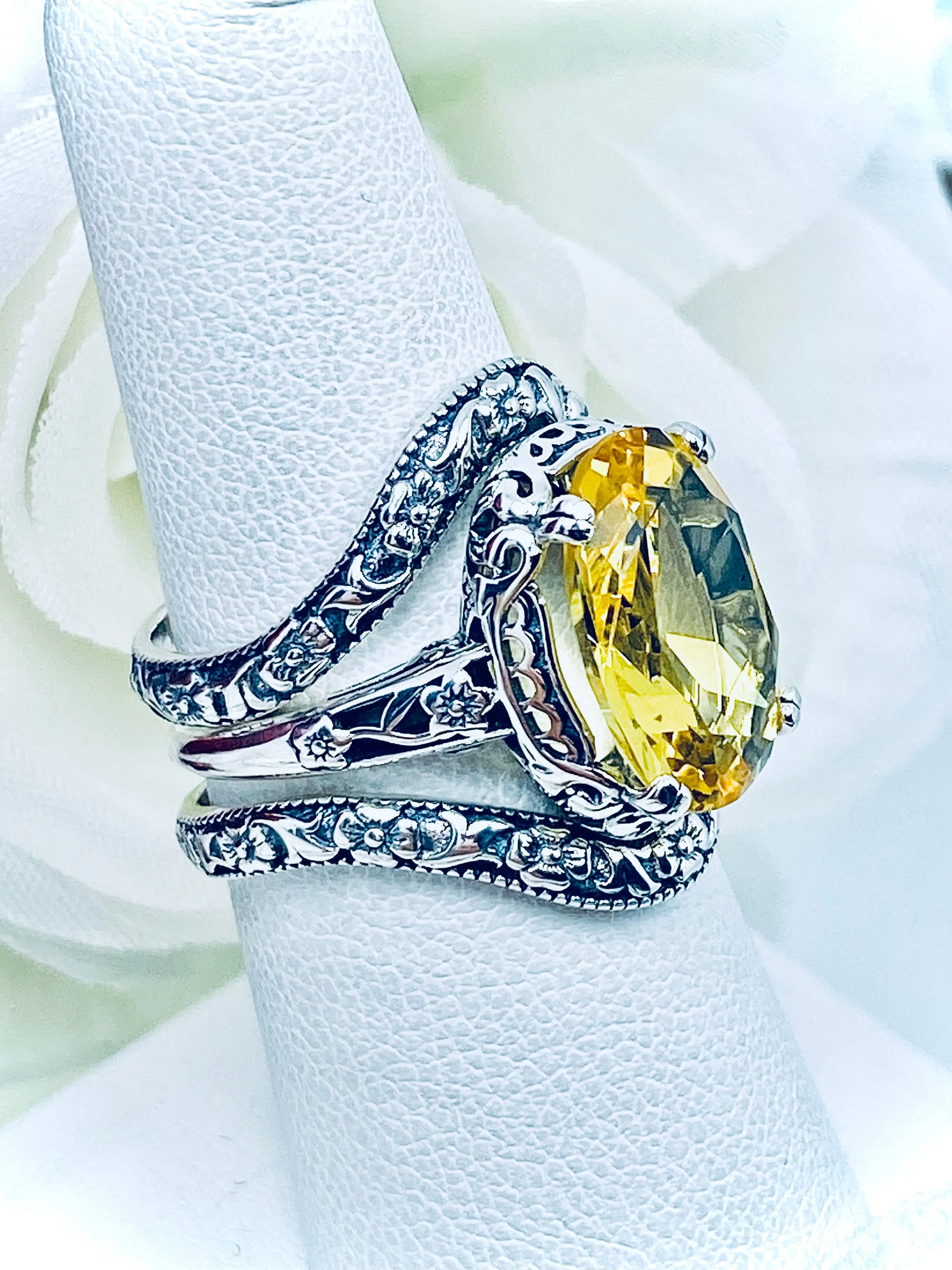 Citrine Ring & Band Set, Yellow Gemstone, Edwardian Jewelry #D70