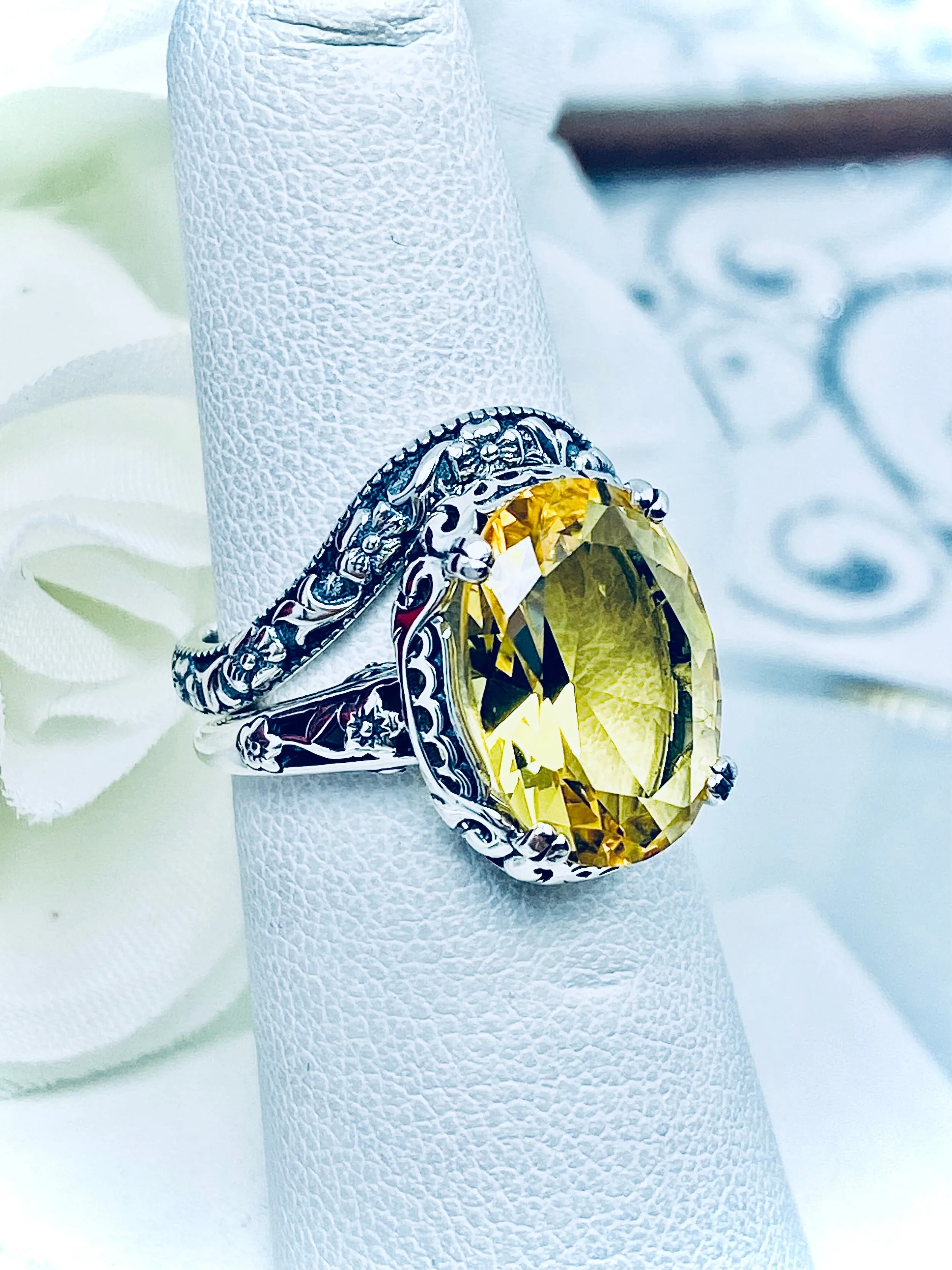 Citrine Ring & Band Set, Yellow Gemstone, Edwardian Jewelry #D70