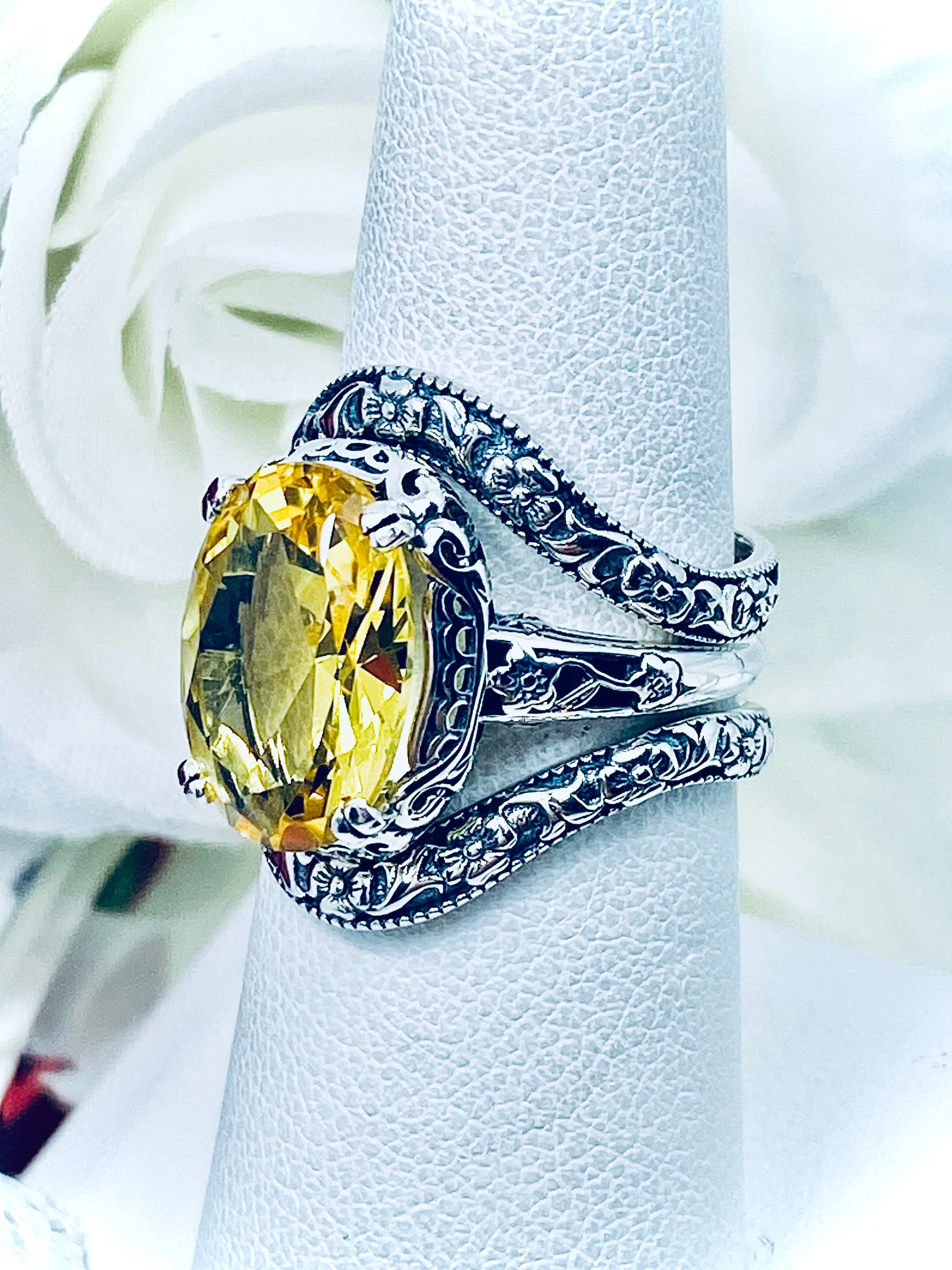 Citrine Ring & Band Set, Yellow Gemstone, Edwardian Jewelry #D70