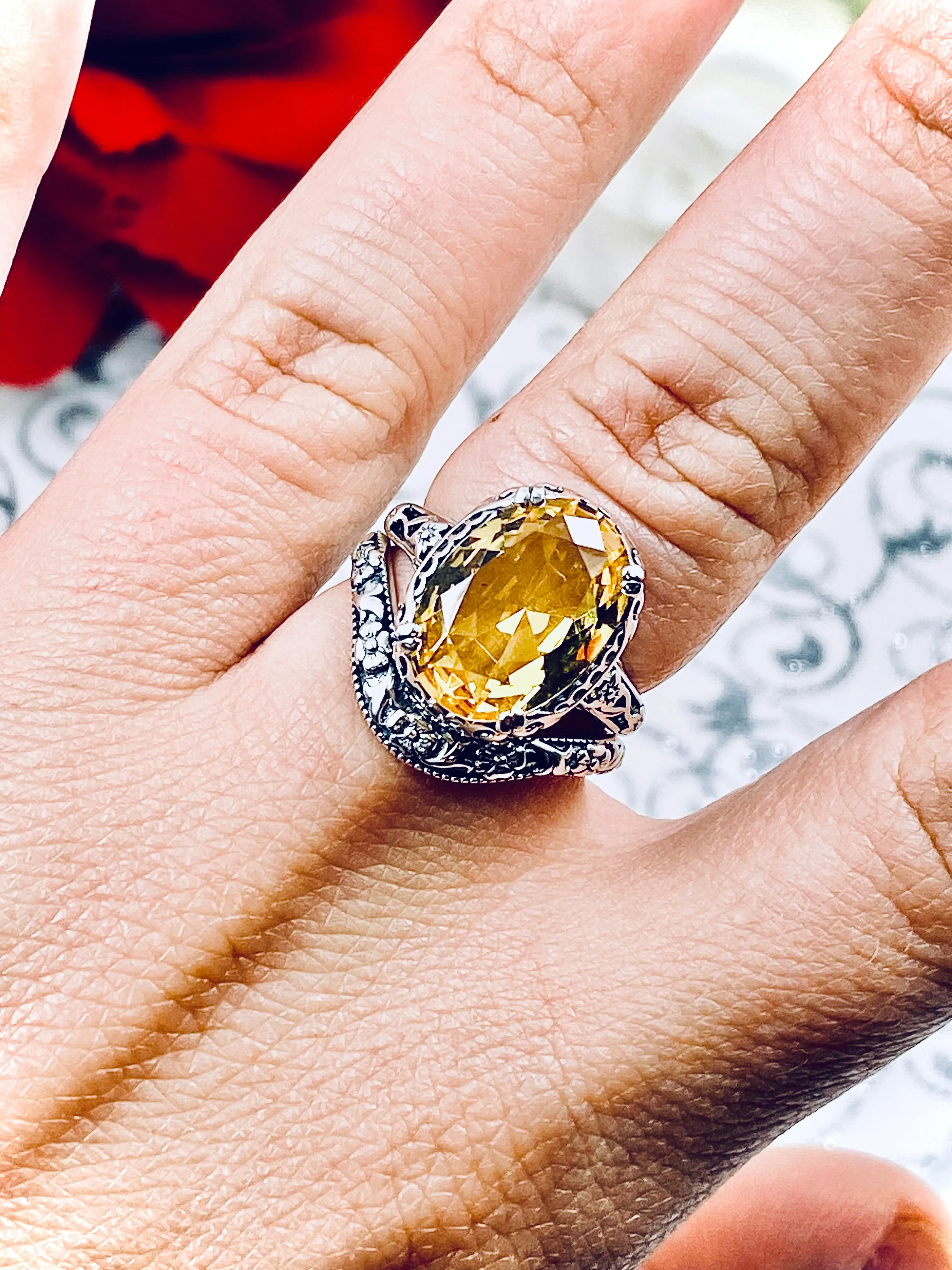 Citrine Ring & Band Set, Yellow Gemstone, Edwardian Jewelry #D70