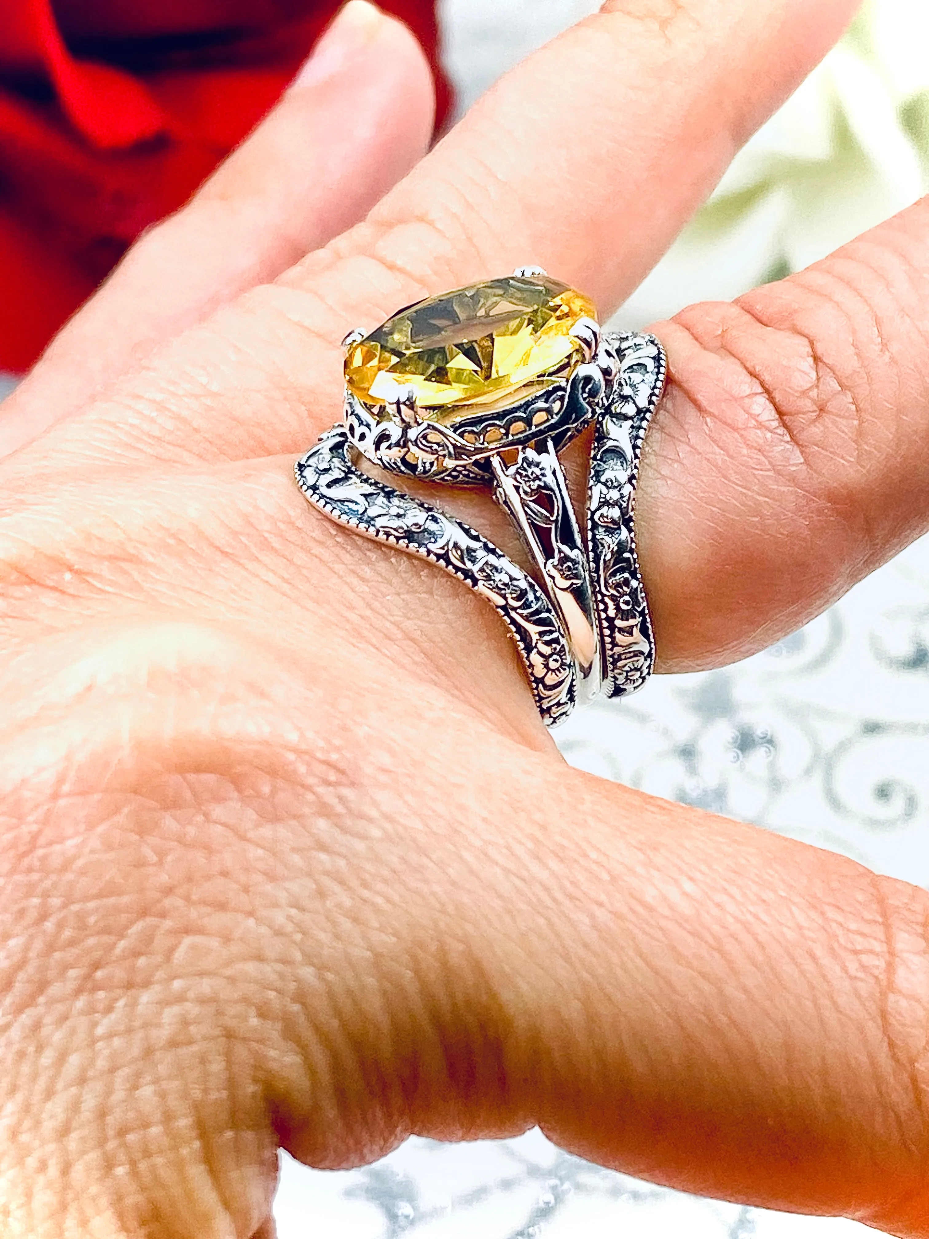 Citrine Ring & Band Set, Yellow Gemstone, Edwardian Jewelry #D70