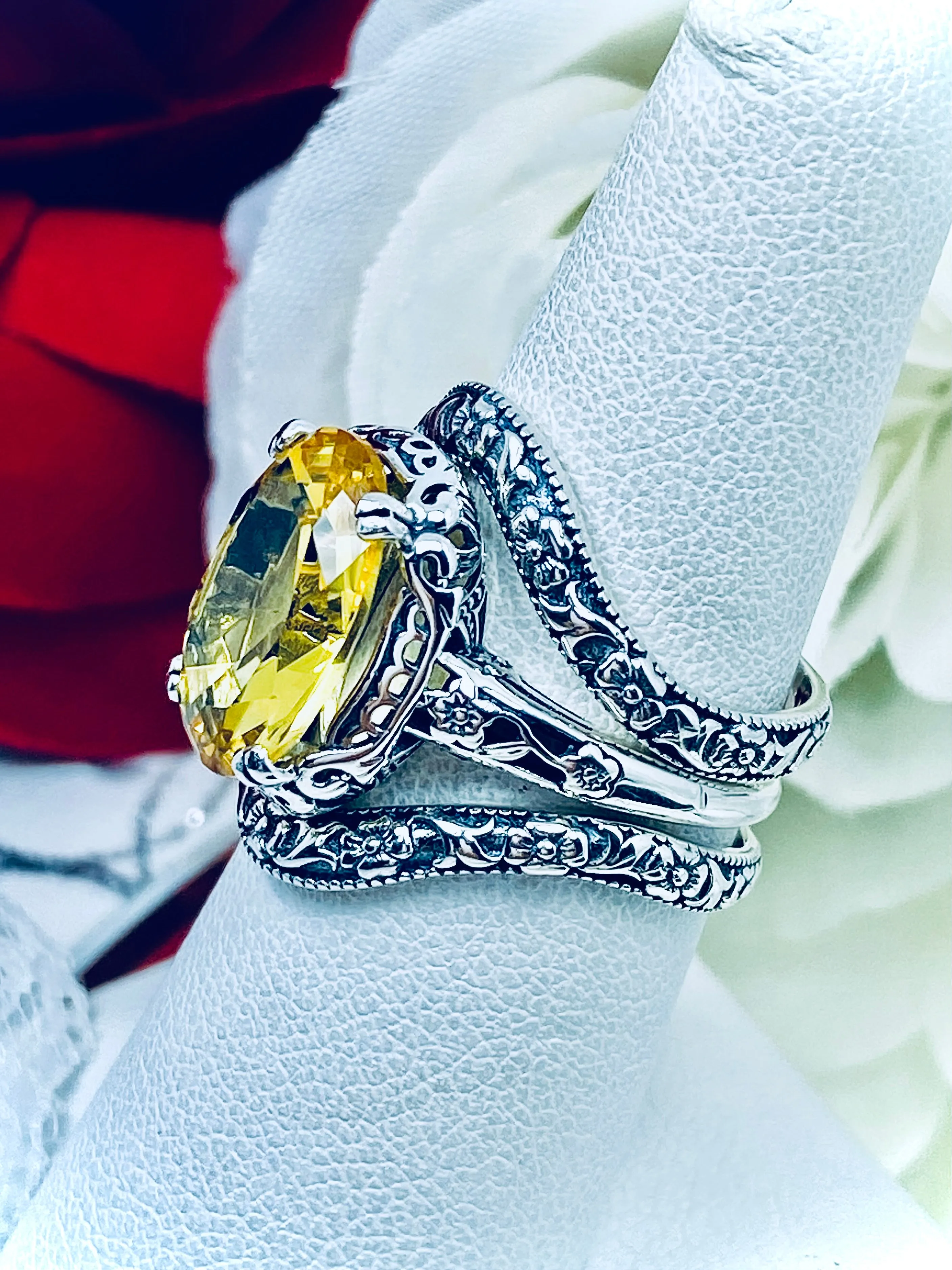 Citrine Ring & Band Set, Yellow Gemstone, Edwardian Jewelry #D70