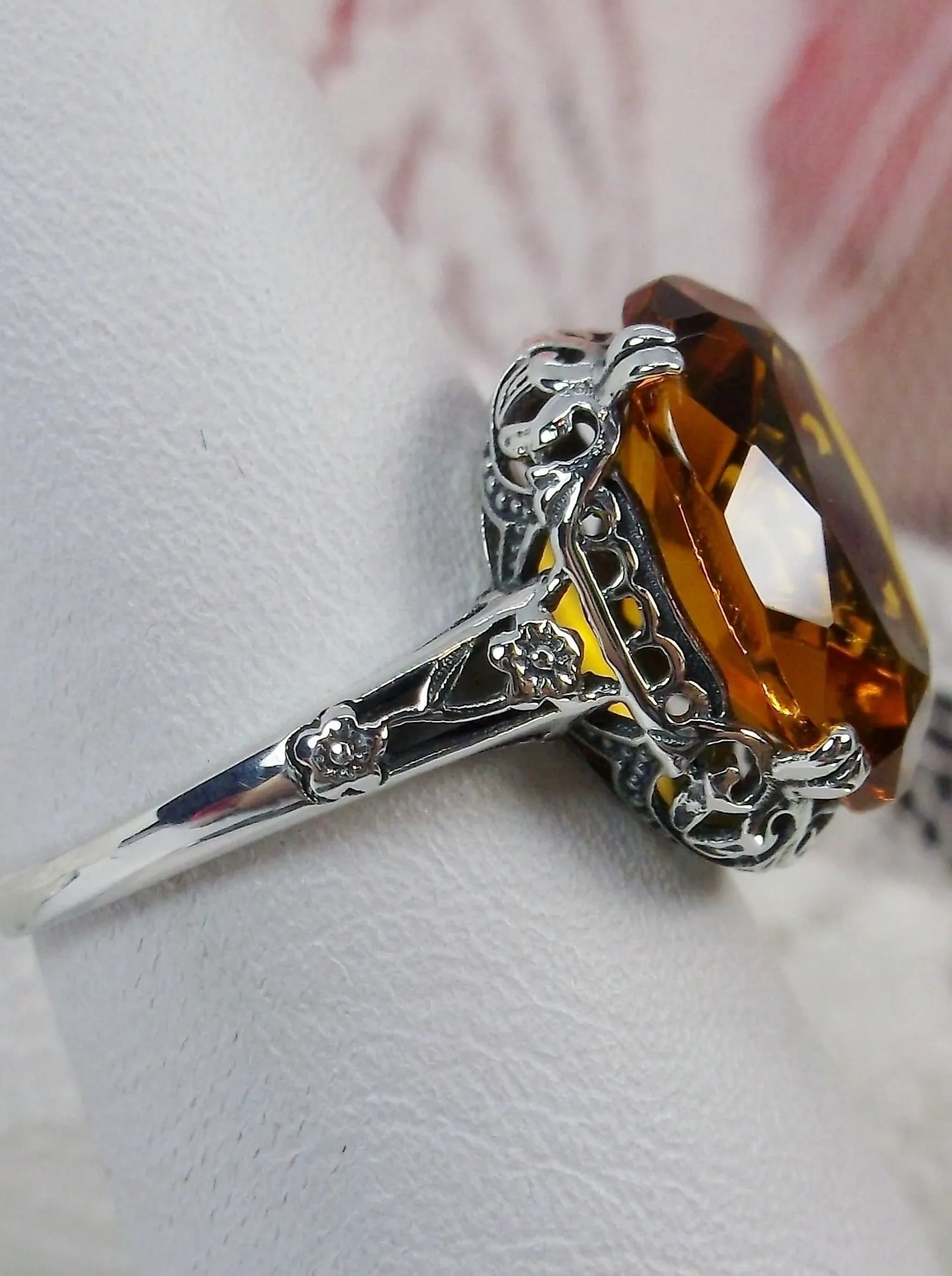 Citrine Ring, Cognac-Orange Gemstone, Edwardian Jewelry #D70