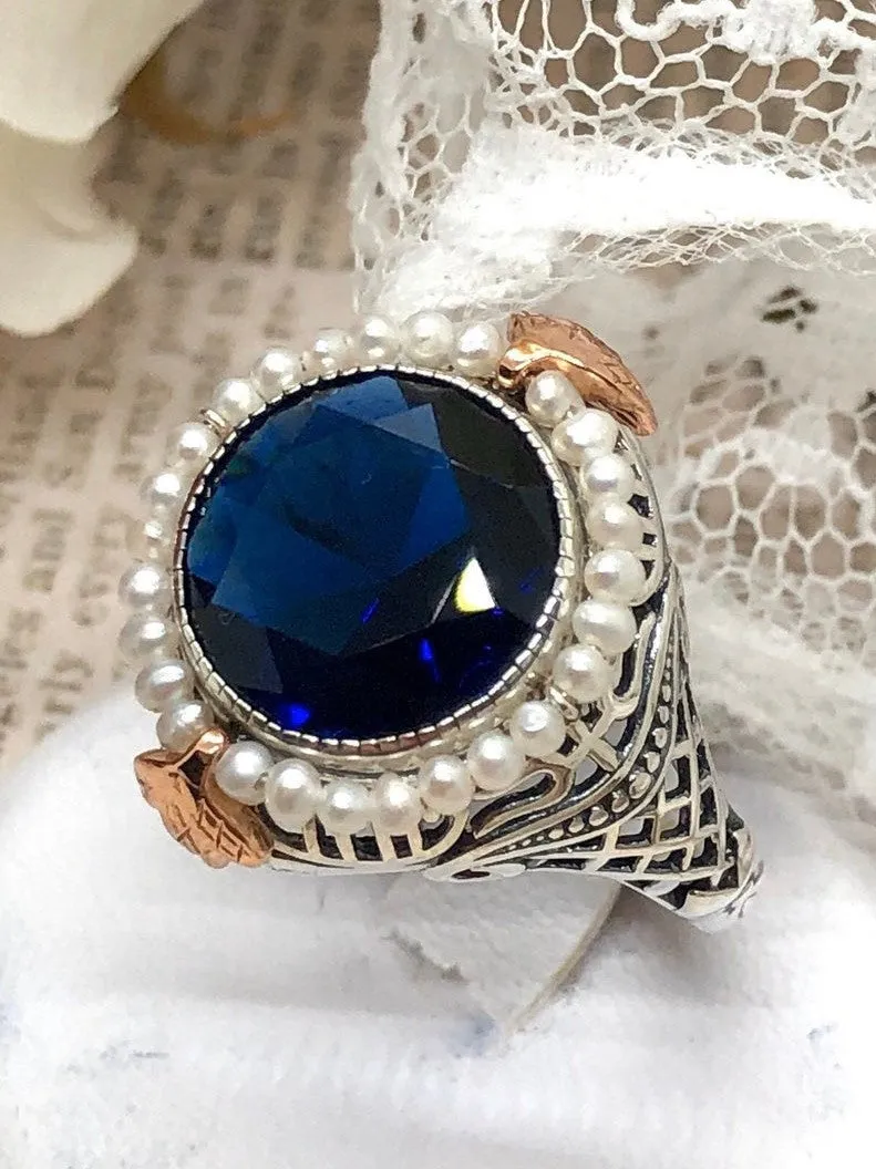 D238, Round Gem & Seed Pearl Ring, Natural or Simulated Gemstone, Victorian Filigree Jewelry #D238