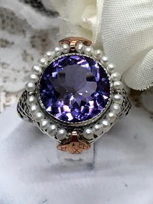 D238, Round Gem & Seed Pearl Ring, Natural or Simulated Gemstone, Victorian Filigree Jewelry #D238
