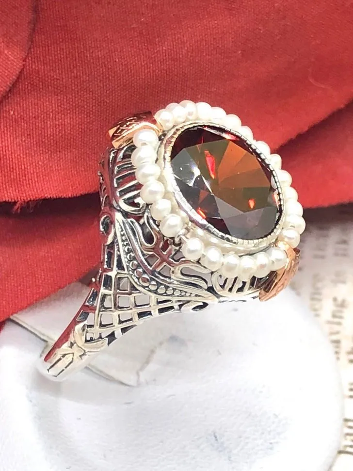 D238, Round Gem & Seed Pearl Ring, Natural or Simulated Gemstone, Victorian Filigree Jewelry #D238