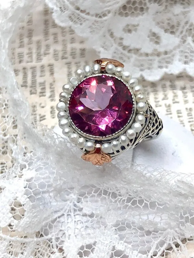D238, Round Gem & Seed Pearl Ring, Natural or Simulated Gemstone, Victorian Filigree Jewelry #D238
