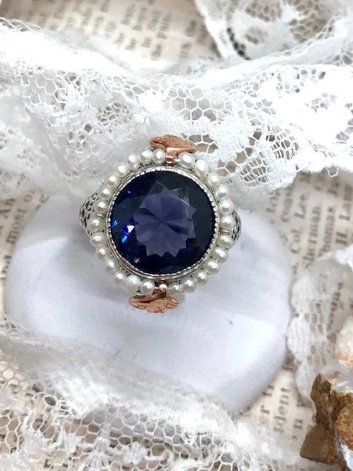 D238, Round Gem & Seed Pearl Ring, Natural or Simulated Gemstone, Victorian Filigree Jewelry #D238