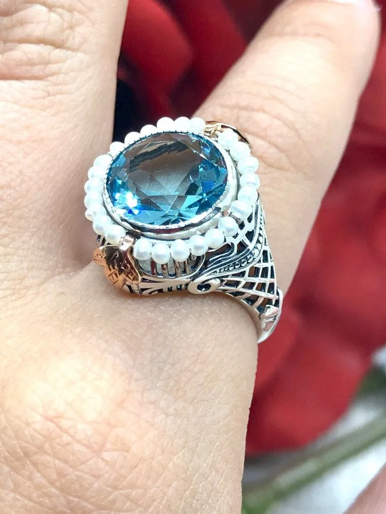 D238, Round Gem & Seed Pearl Ring, Natural or Simulated Gemstone, Victorian Filigree Jewelry #D238