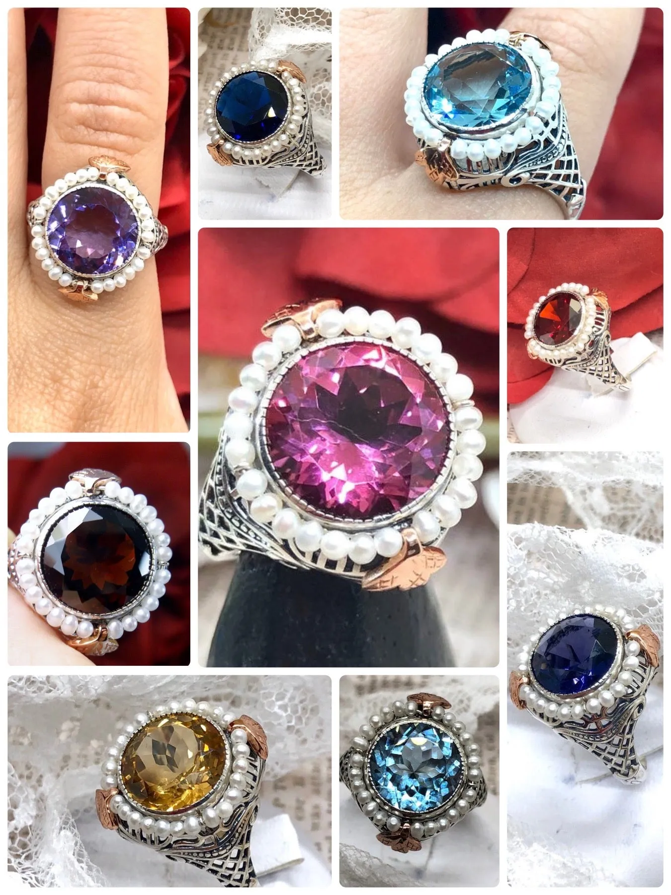 D238, Round Gem & Seed Pearl Ring, Natural or Simulated Gemstone, Victorian Filigree Jewelry #D238