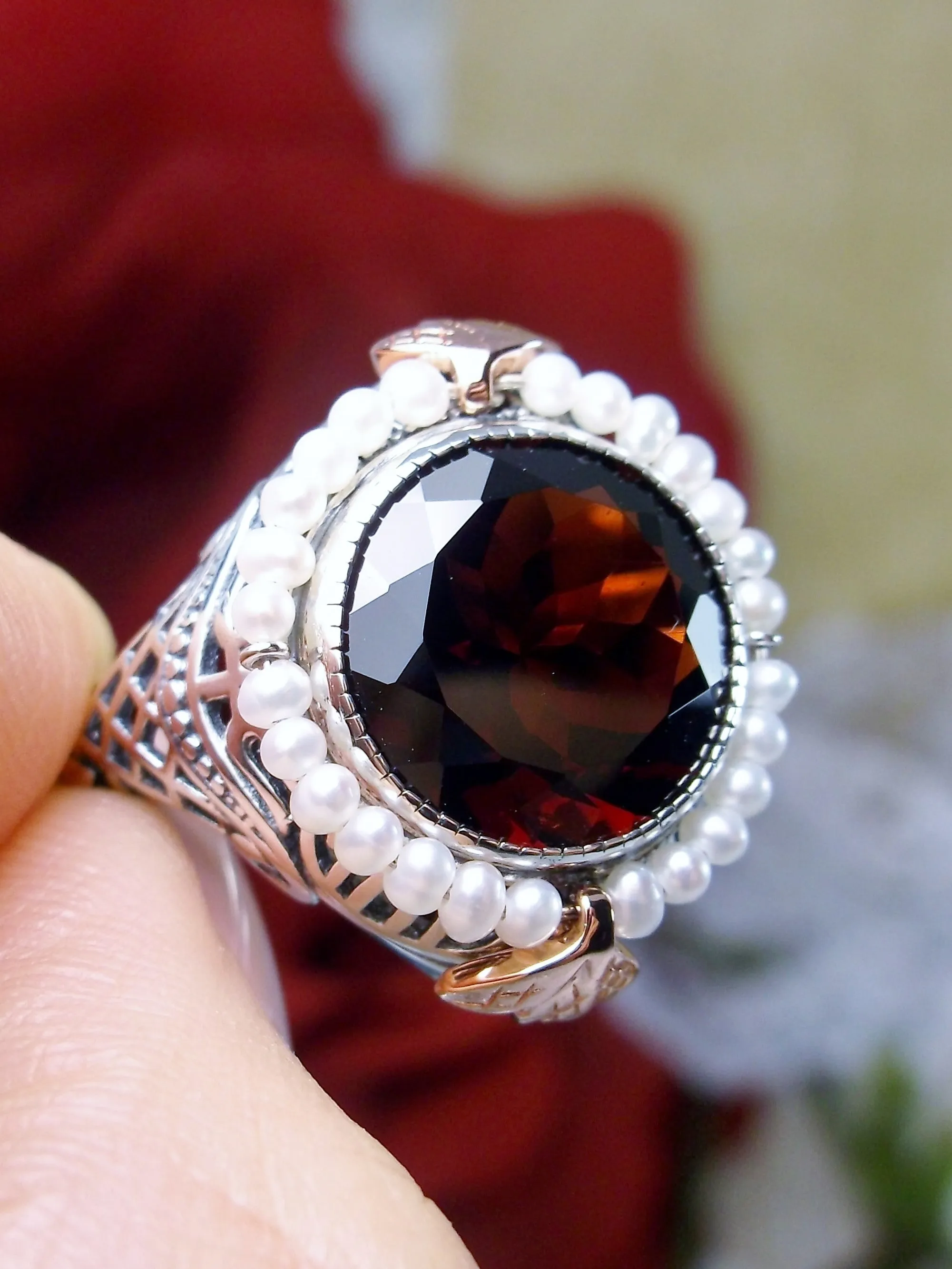 D238, Round Gem & Seed Pearl Ring, Natural or Simulated Gemstone, Victorian Filigree Jewelry #D238