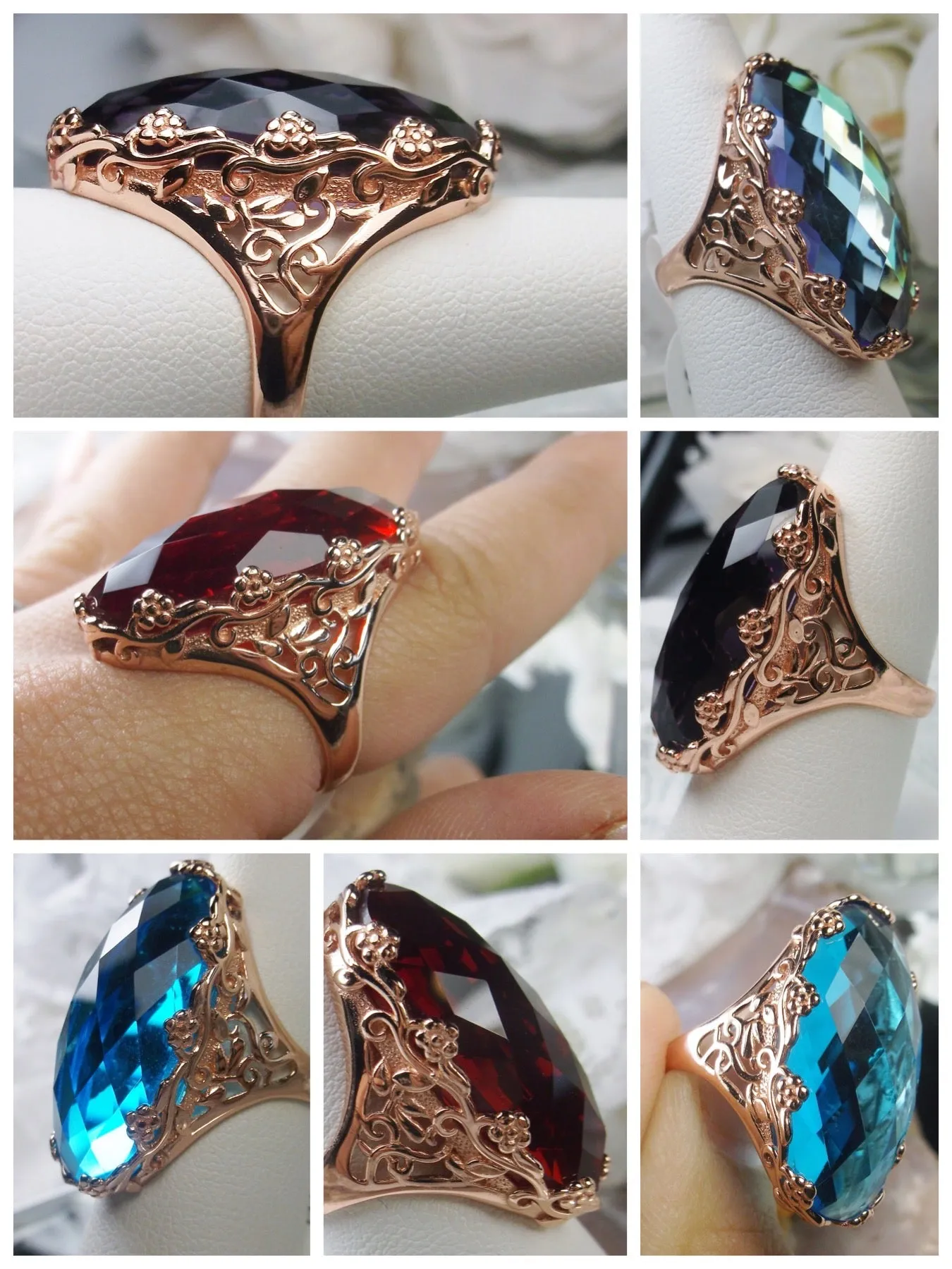 D97 Rosey Ring, Rose Gold plated Sterling Silver, Large Oval gem, Vintage Jewelry #D97