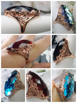D97 Rosey Ring, Rose Gold plated Sterling Silver, Large Oval gem, Vintage Jewelry #D97