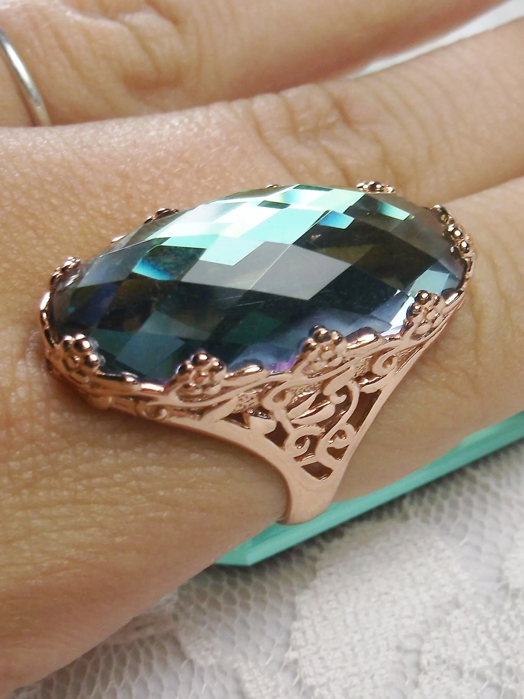 D97 Rosey Ring, Rose Gold plated Sterling Silver, Large Oval gem, Vintage Jewelry #D97