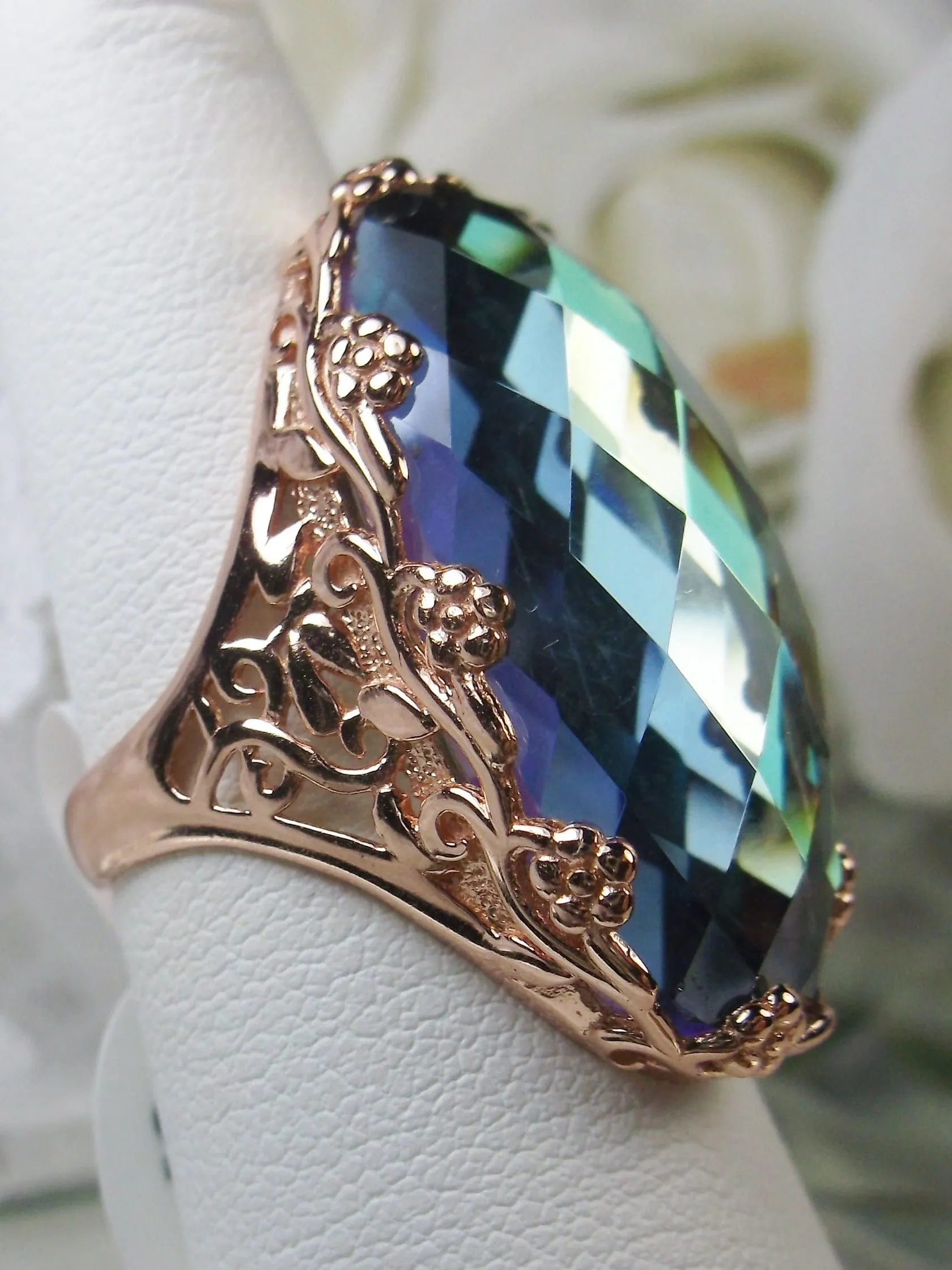 D97 Rosey Ring, Rose Gold plated Sterling Silver, Large Oval gem, Vintage Jewelry #D97