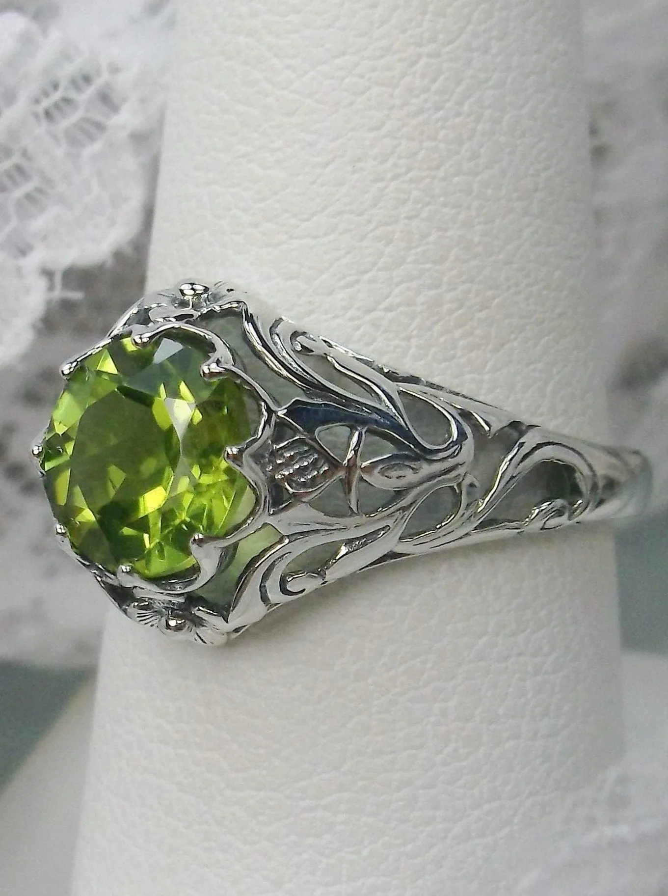 Daisy Ring, Simulated or Natural Peridot Ring Vintage Filigree Victorian Sterling Jewelry #D66