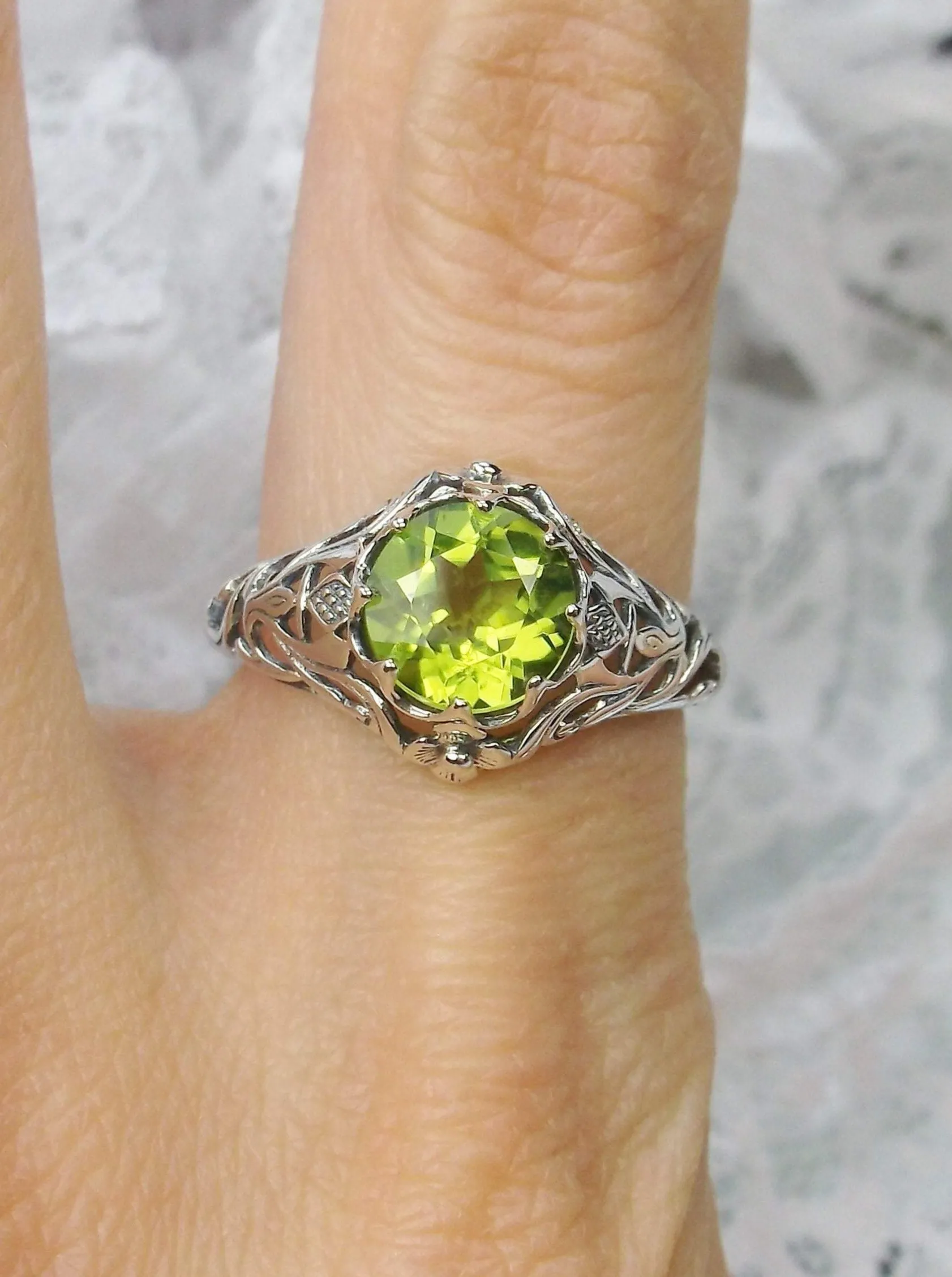 Daisy Ring, Simulated or Natural Peridot Ring Vintage Filigree Victorian Sterling Jewelry #D66