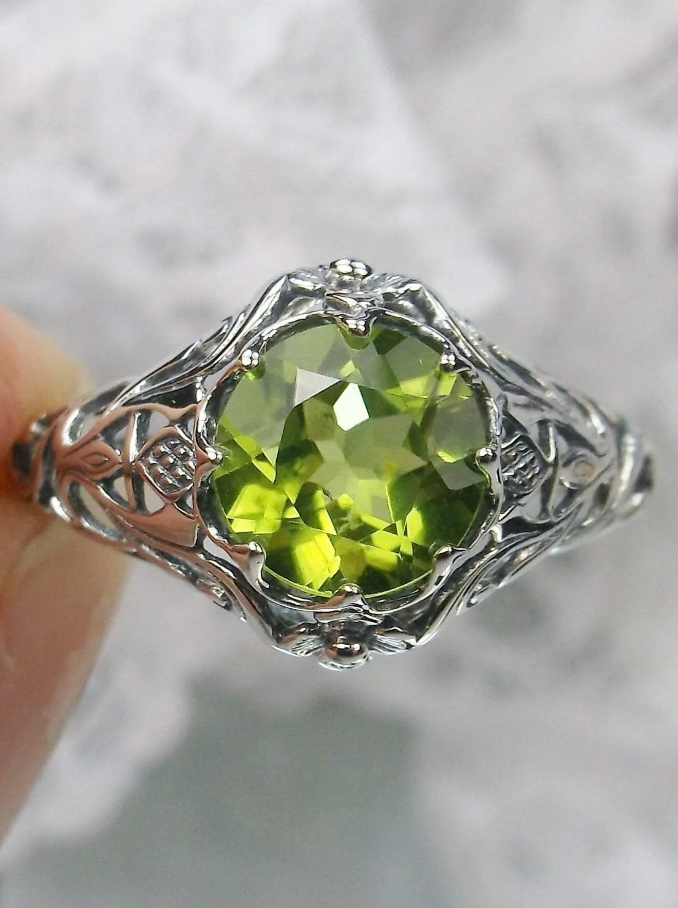 Daisy Ring, Simulated or Natural Peridot Ring Vintage Filigree Victorian Sterling Jewelry #D66