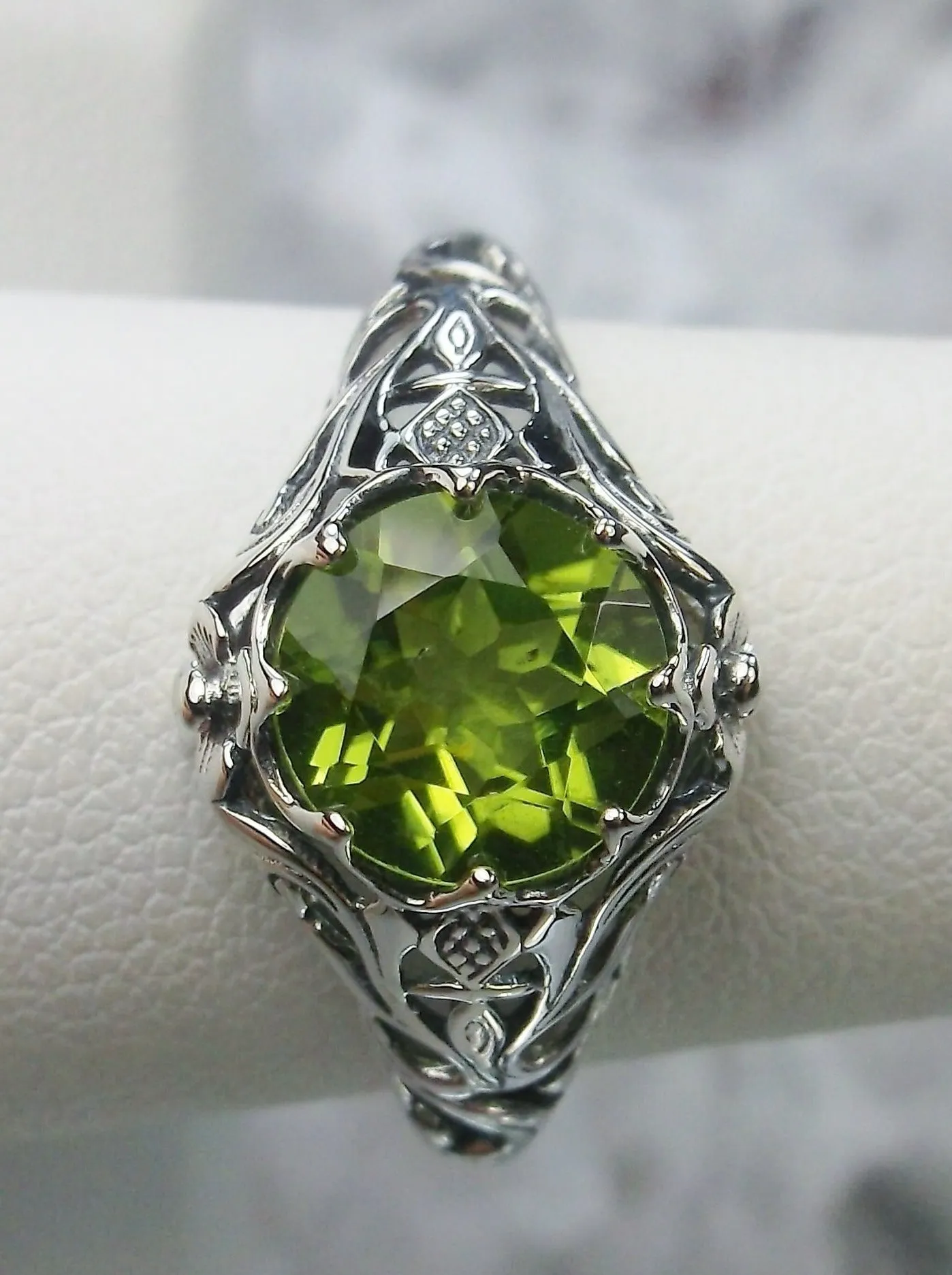 Daisy Ring, Simulated or Natural Peridot Ring Vintage Filigree Victorian Sterling Jewelry #D66