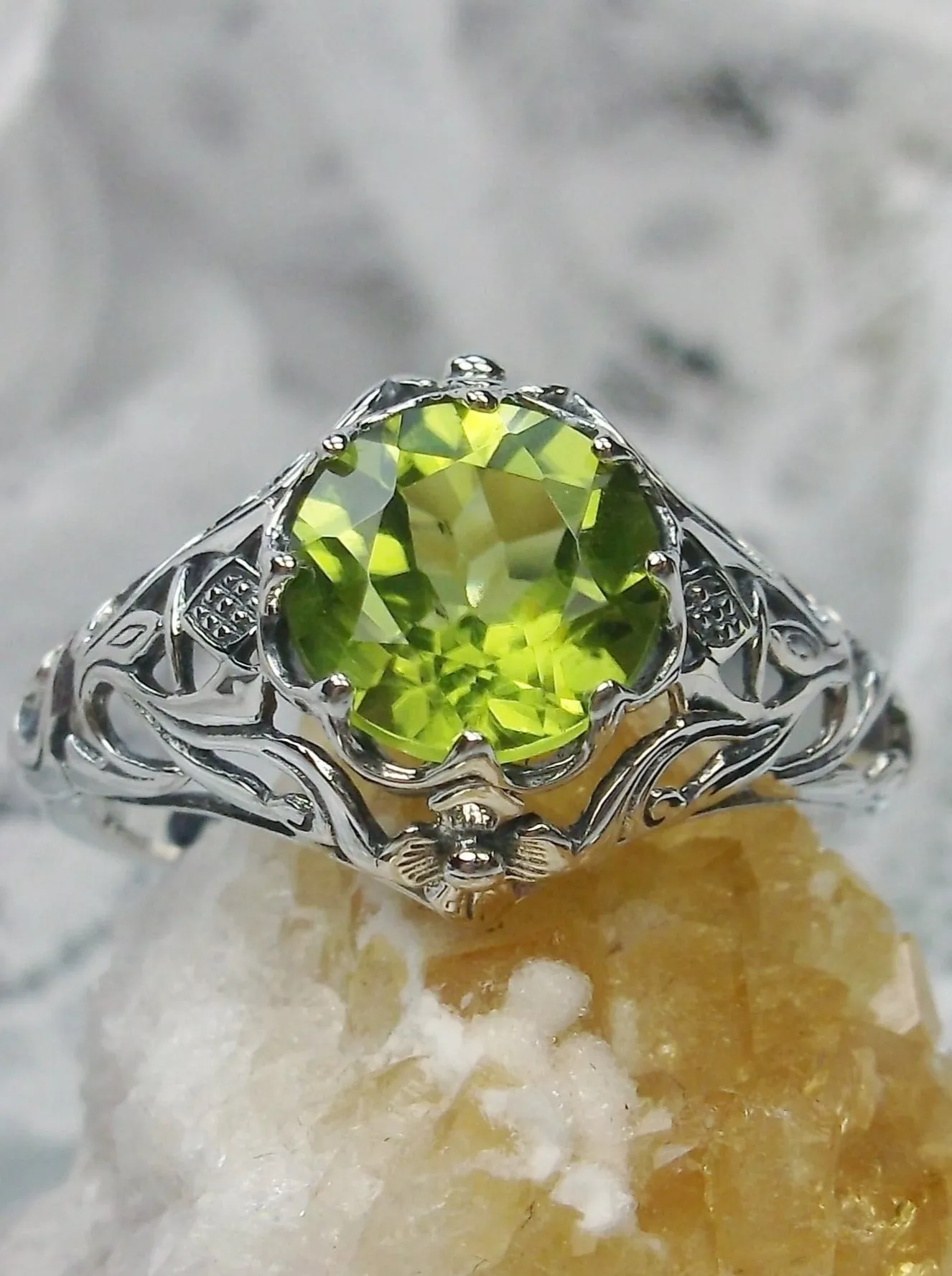 Daisy Ring, Simulated or Natural Peridot Ring Vintage Filigree Victorian Sterling Jewelry #D66