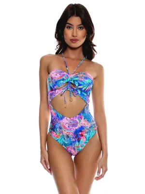 Drawstring Halter Cut Out One Piece