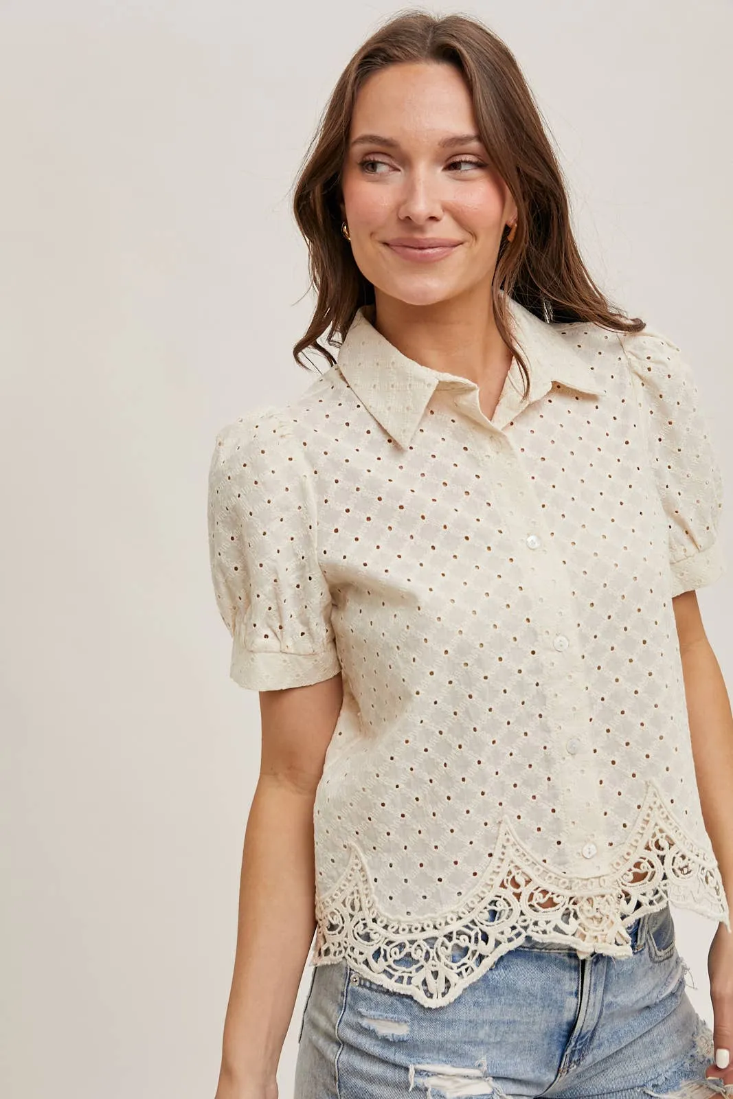 Eloise Eyelet Lace Bubble Sleeve Blouse