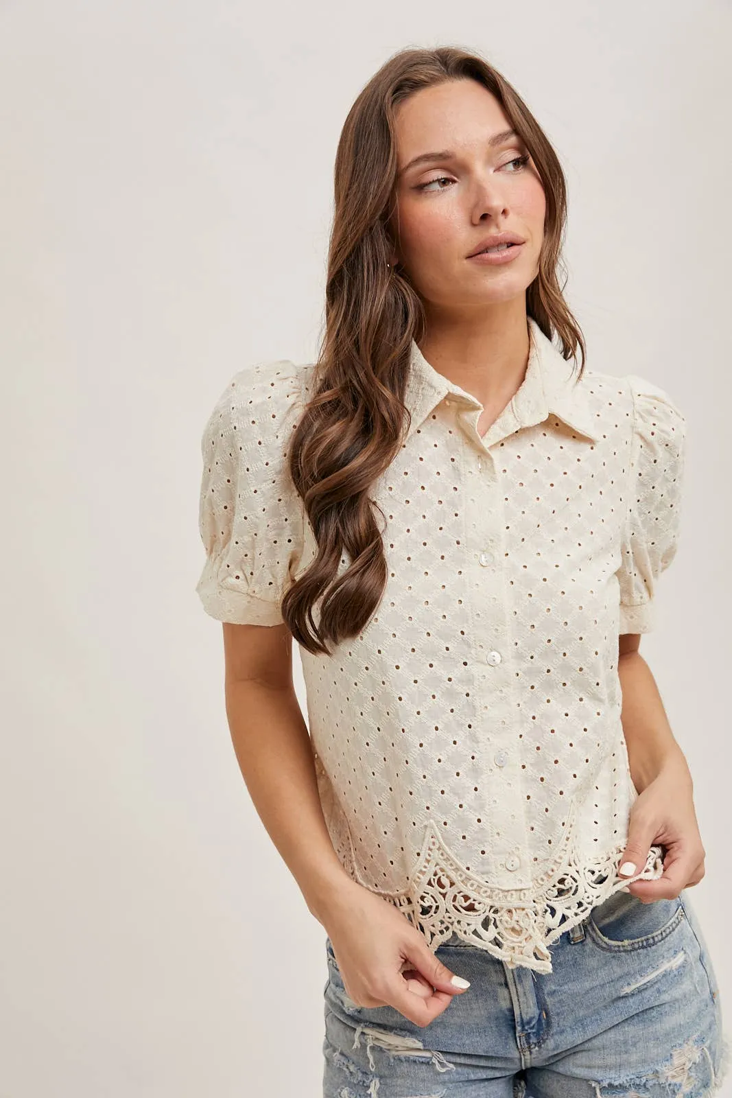 Eloise Eyelet Lace Bubble Sleeve Blouse