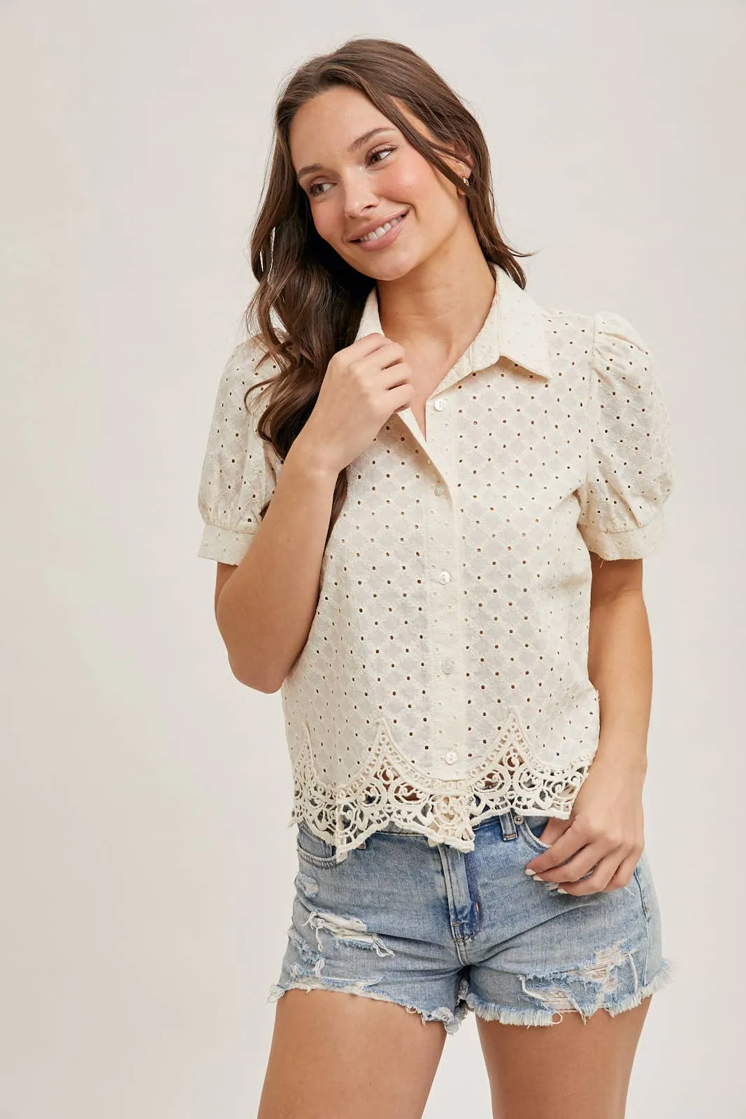 Eloise Eyelet Lace Bubble Sleeve Blouse