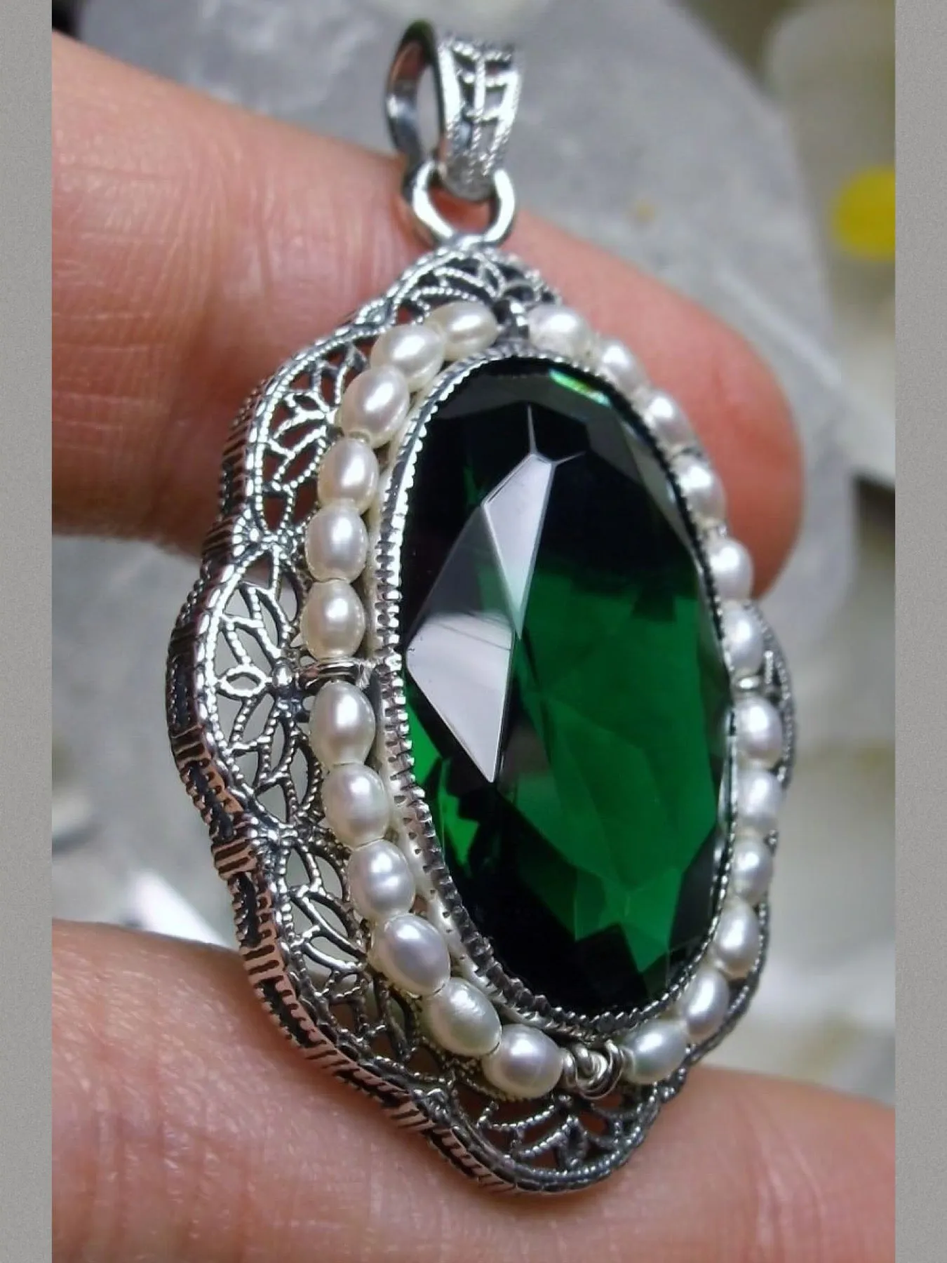 Emerald Green Pendant, Victorian Necklace #P52